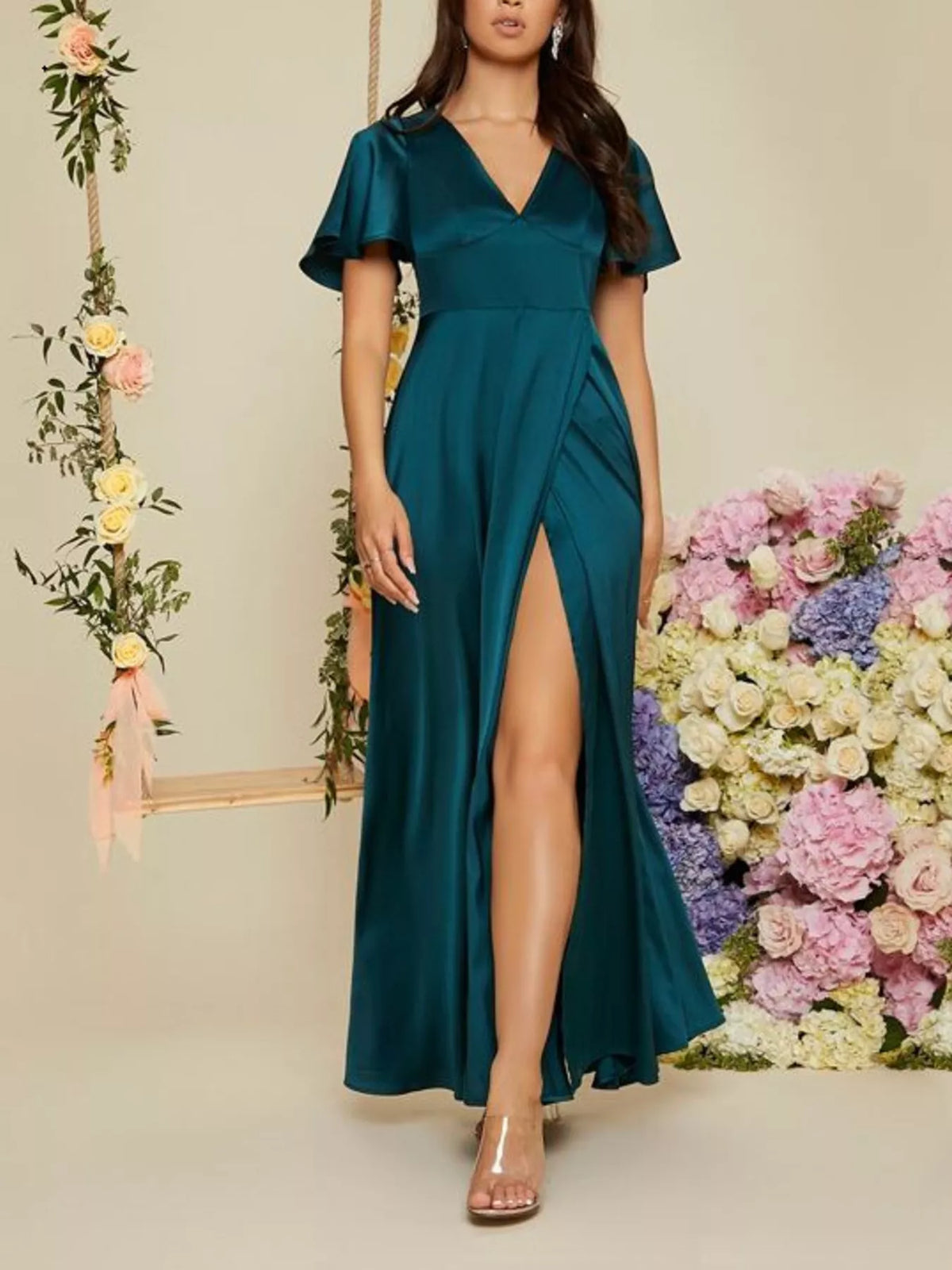 Flutter Sleeve Slit Maxi Dress