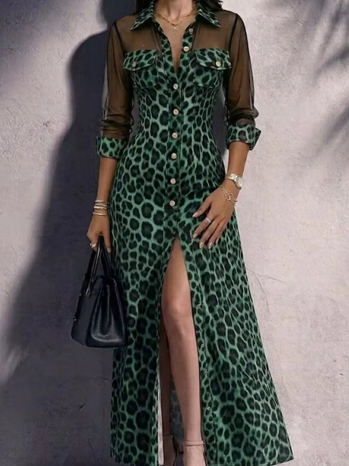 Leopard Sheer Mesh Button-Down Maxi Dress