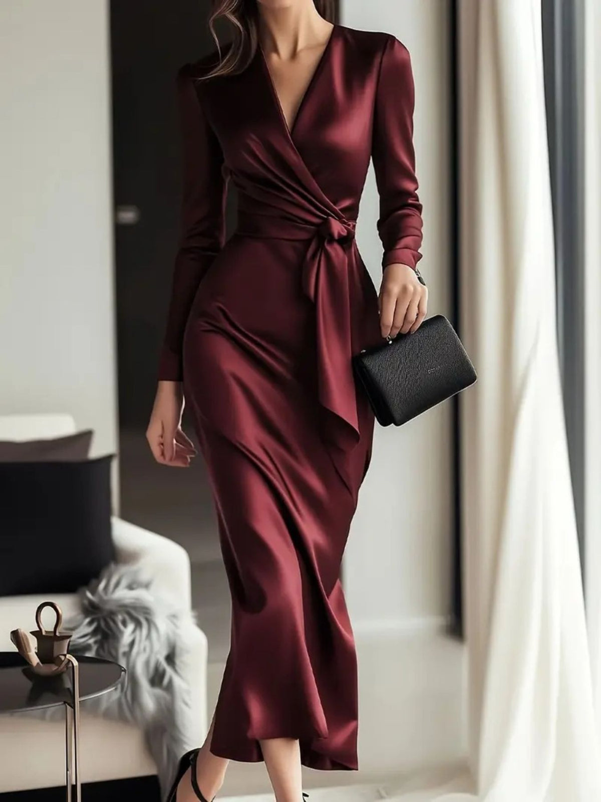 Satin Tie-Waist Long-Sleeve Dress