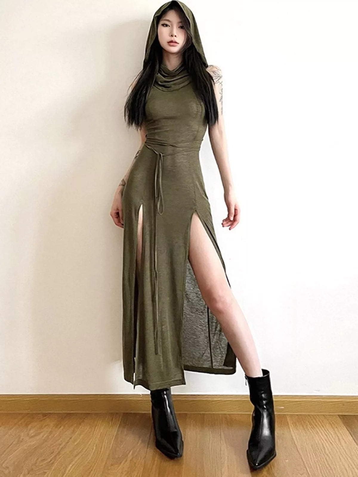 Sleeveless High-Slit Hooded Maxi Dress