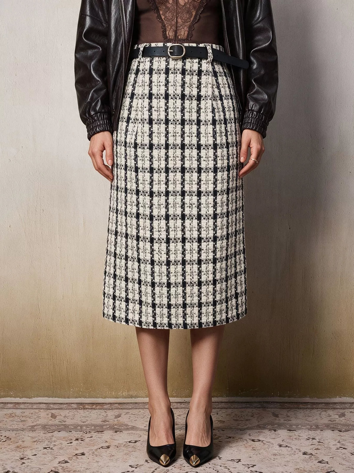 Black High-Waisted Tweed Plaid Midi Skirt