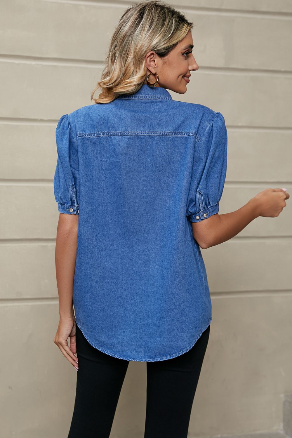 Puff Sleeve Collared Denim Top in Royal Blue by Manny