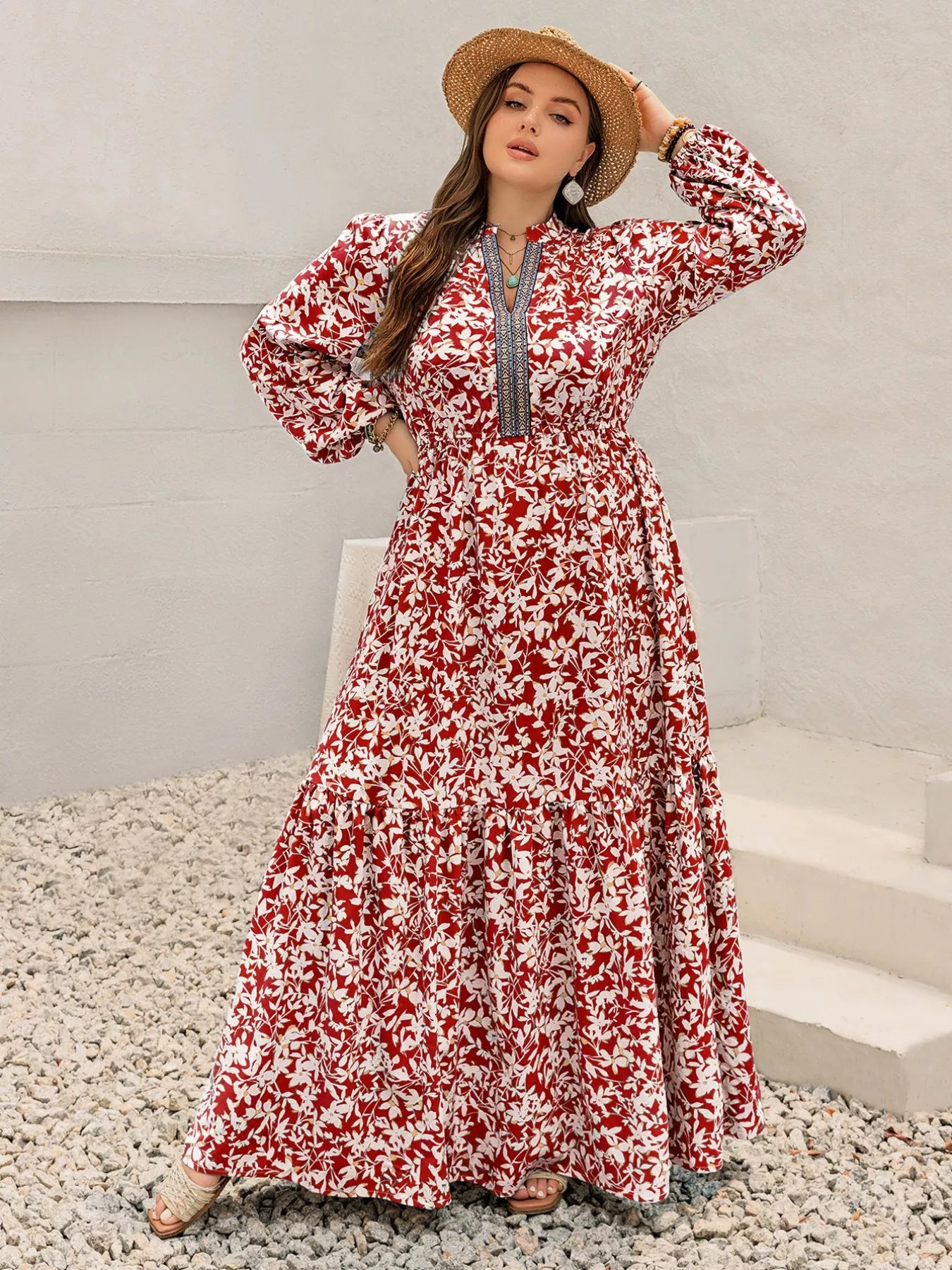 Floral Print Long Sleeve Maxi Dress in Deep Red