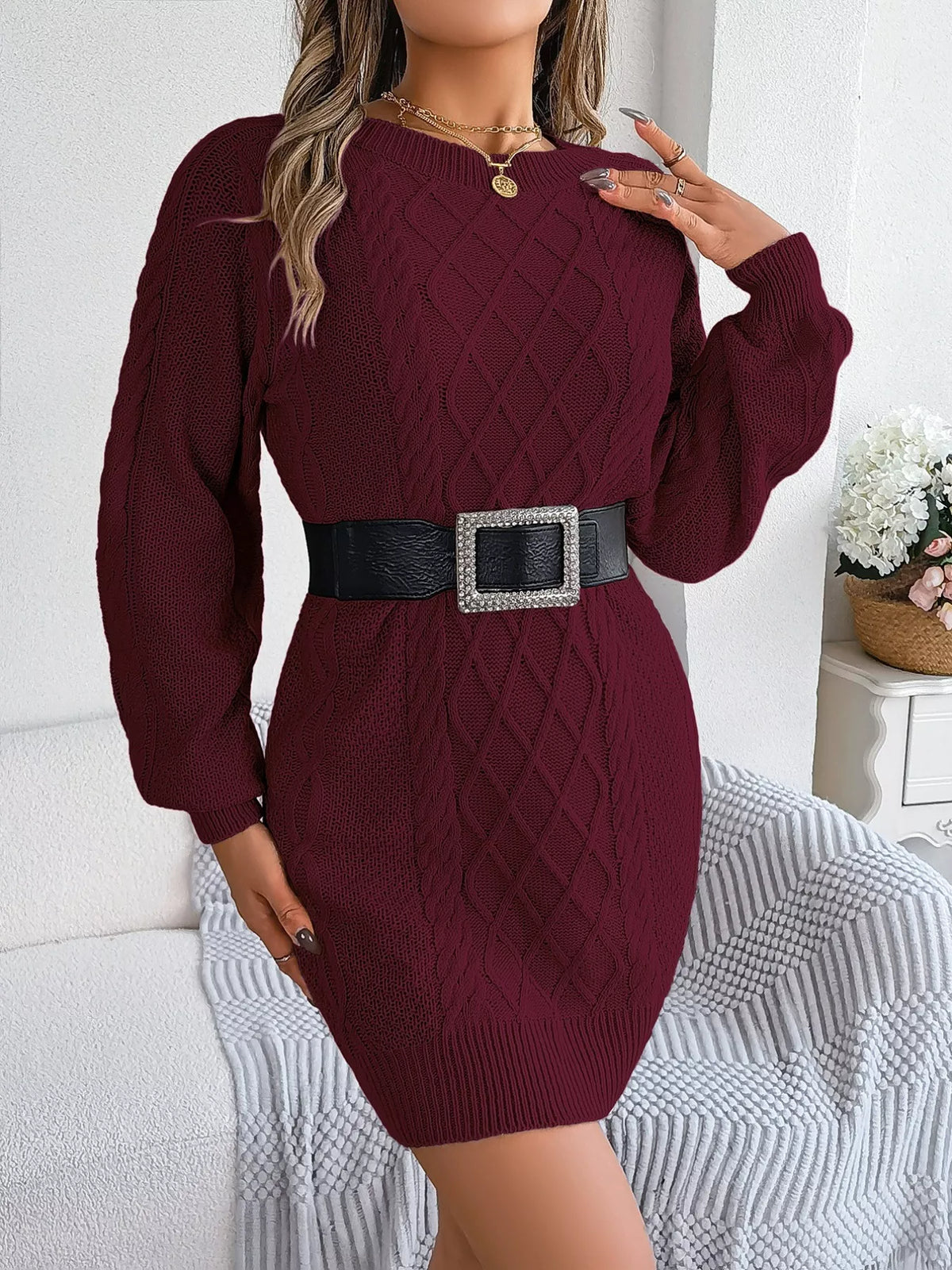 Diamond Cable-Knit Sweater Dress