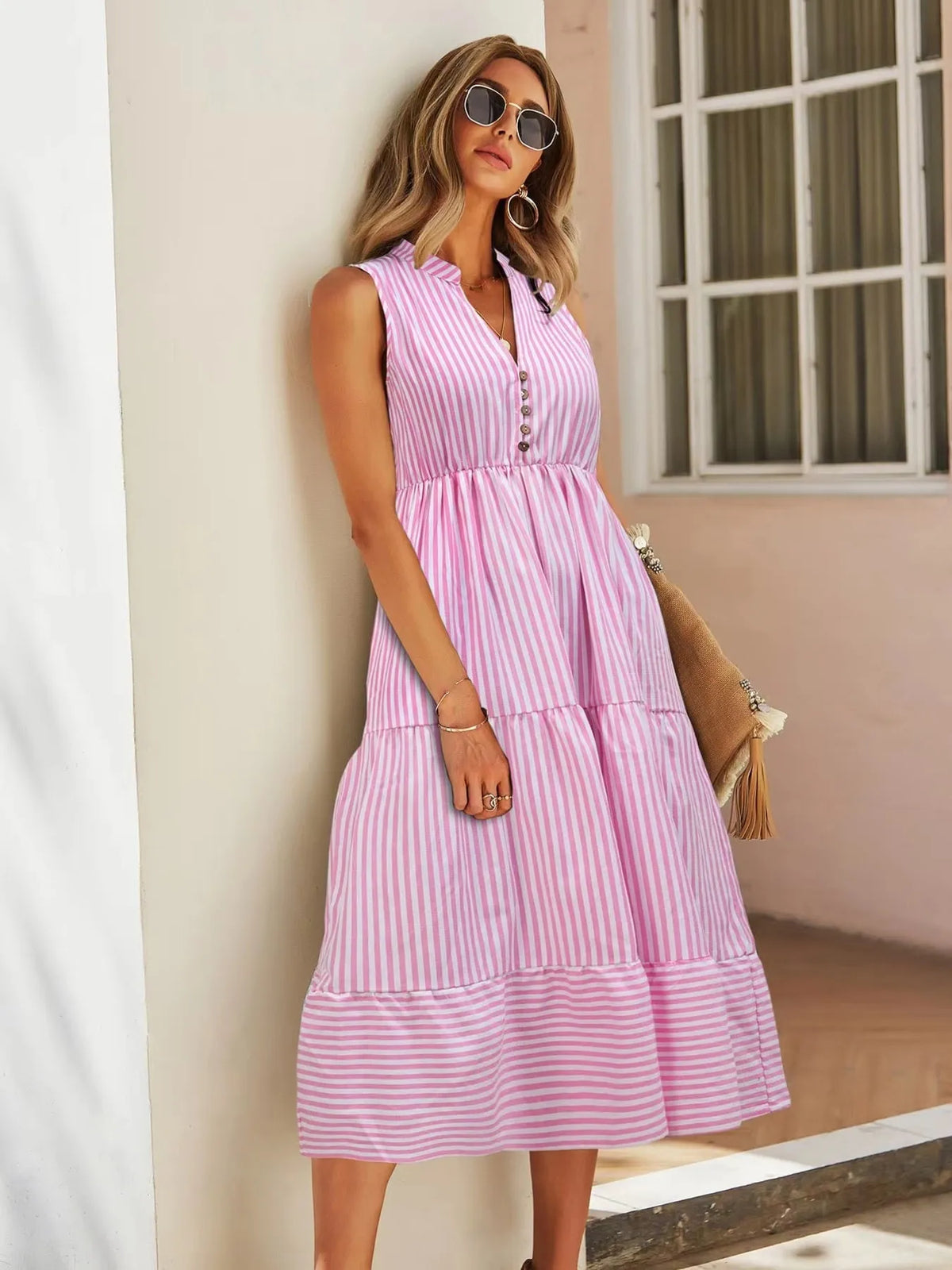 Striped Sleeveless Tiered Midi Dress by Elaine