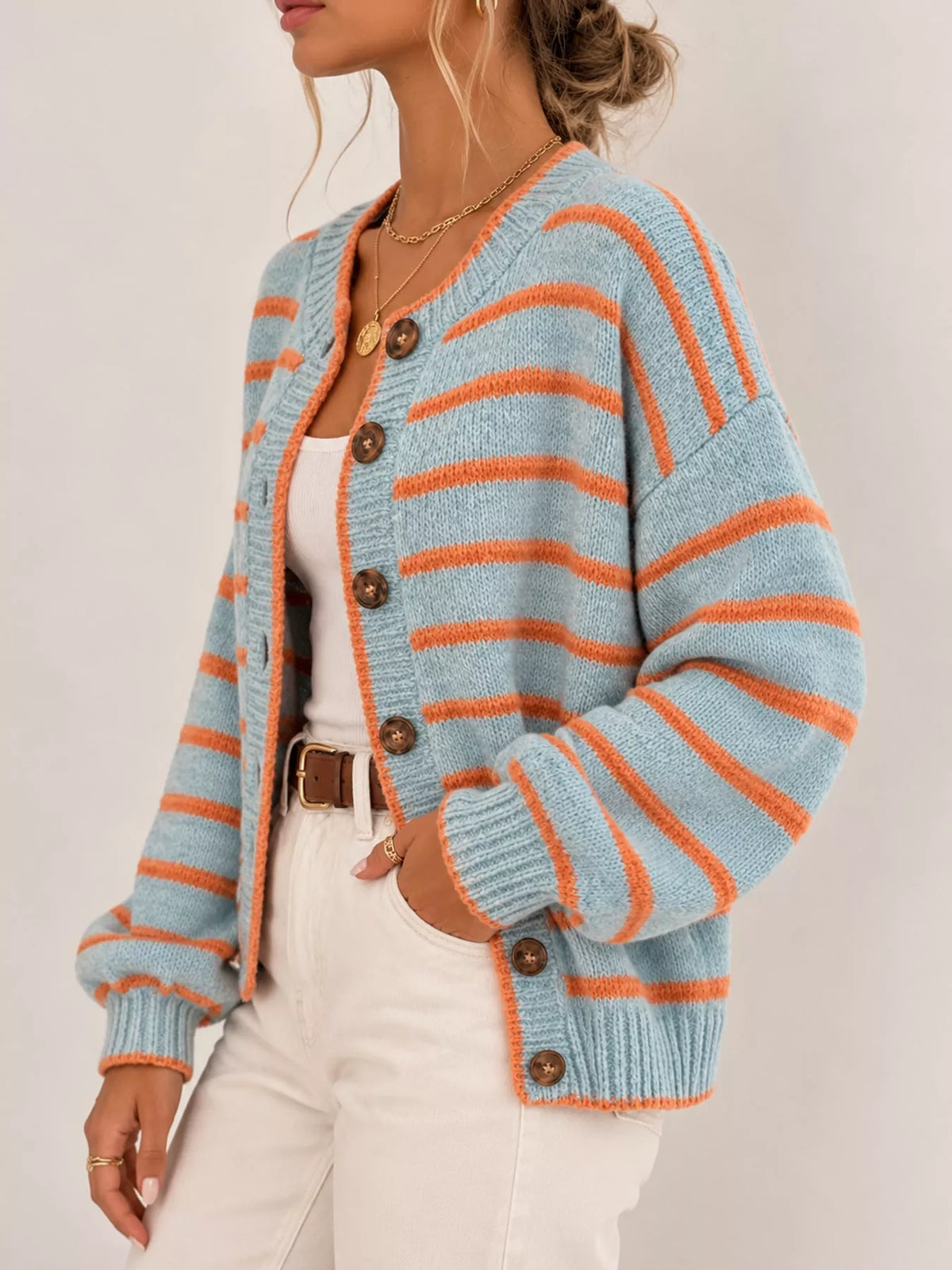 Striped Button-Front Knit Cardigan