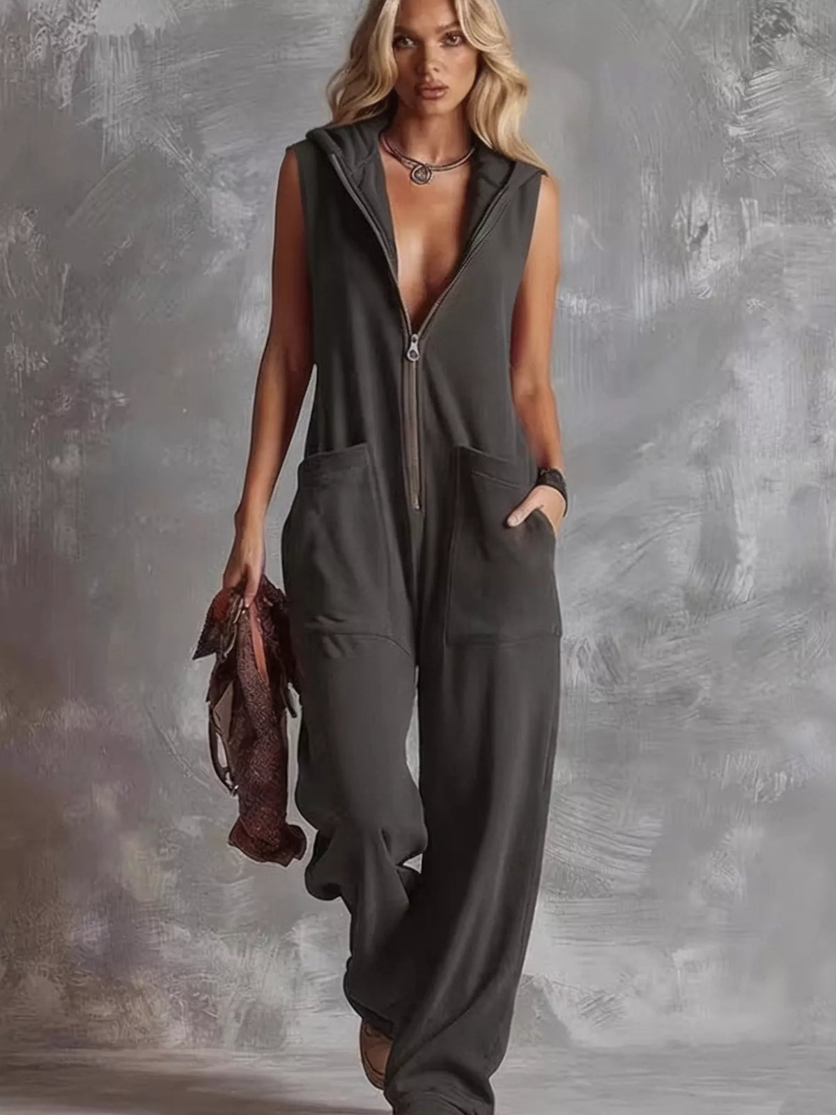 Sleeveless Hooded Zip-Front Jumpsuit