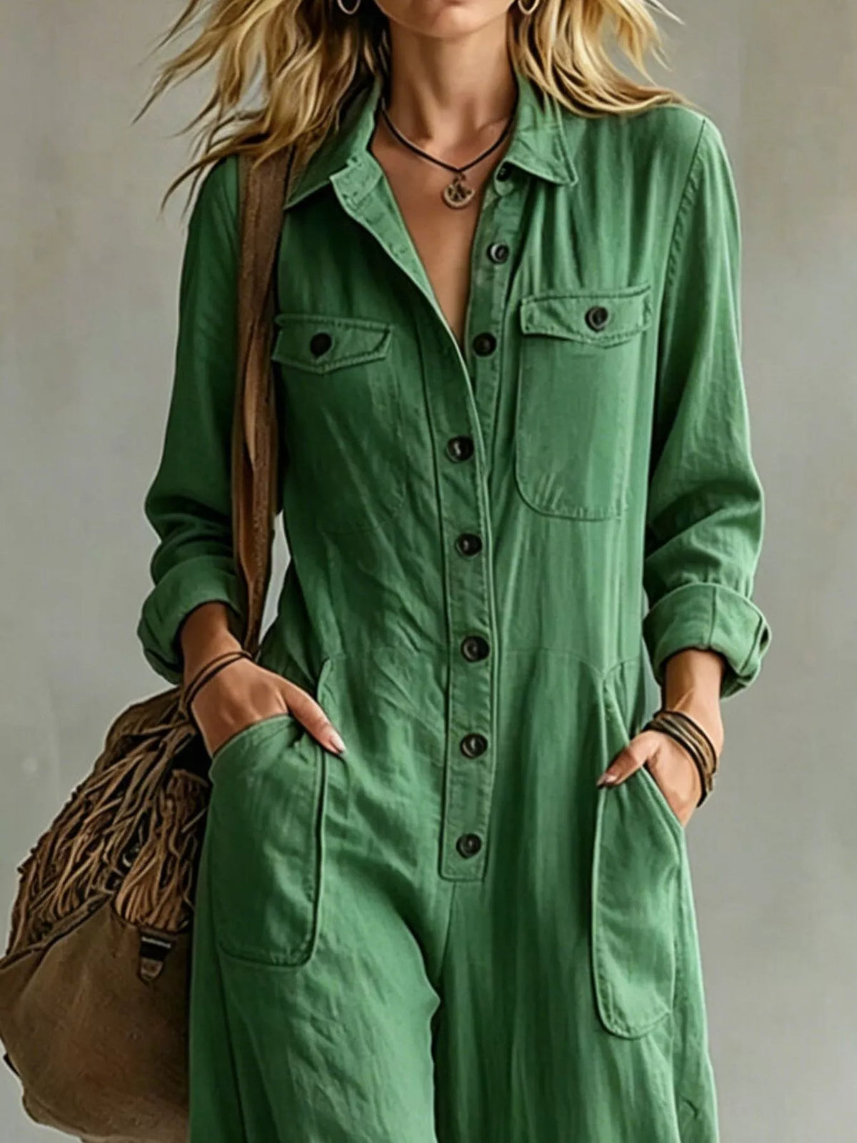 Long Sleeve Button Front Jumpsuit
