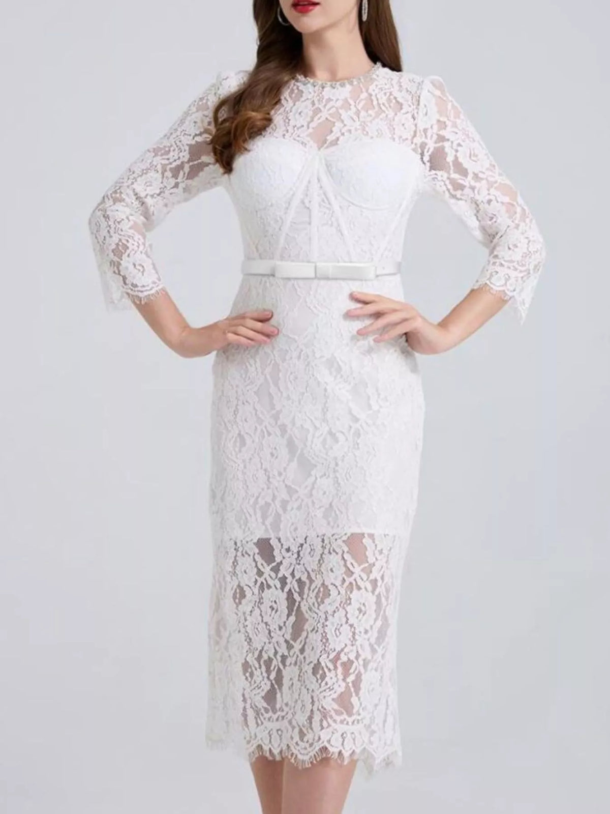 Lace Midi Dress with Long Sleeves and Slit