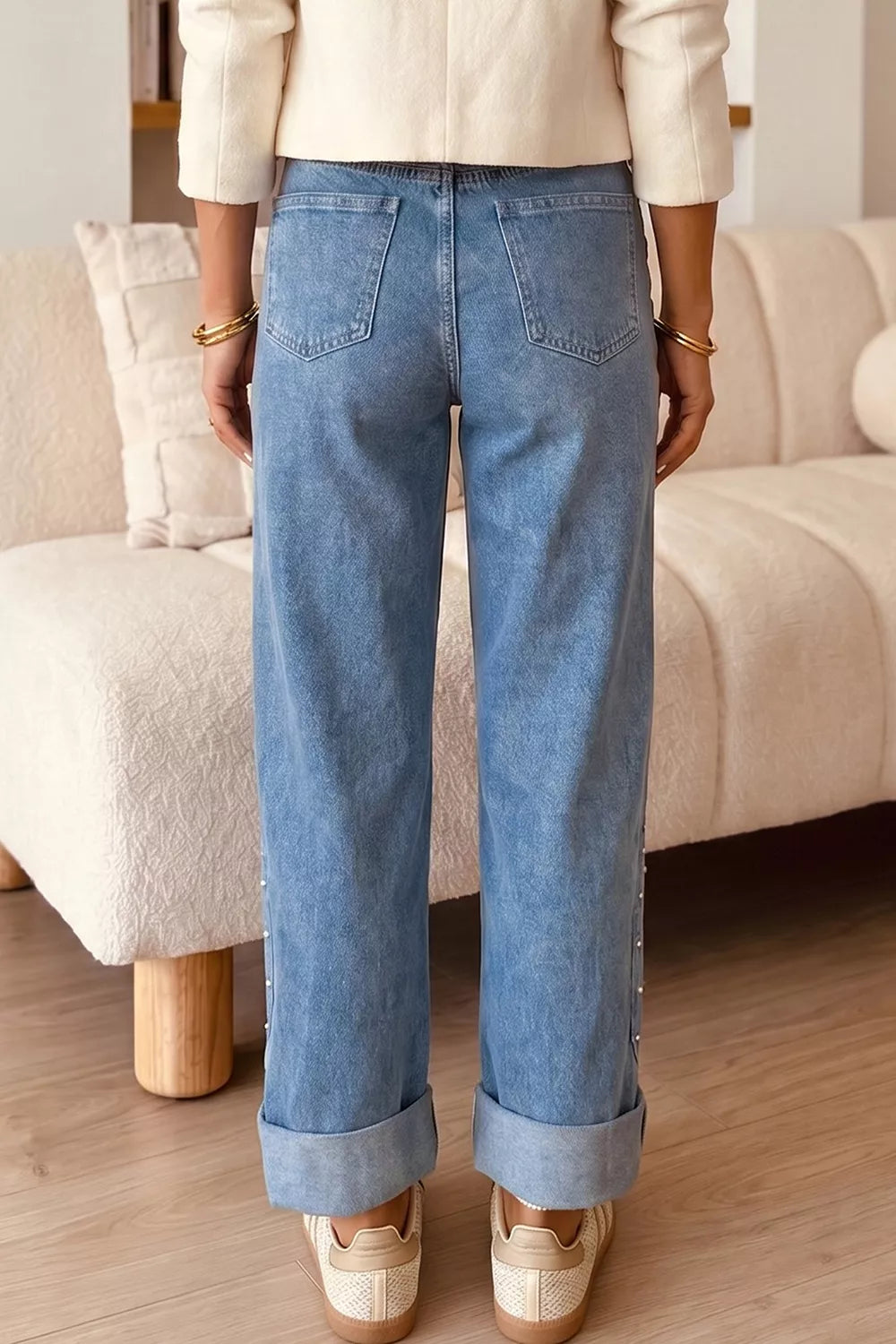 Studded Ankle Length Jeans in Dusty Blue