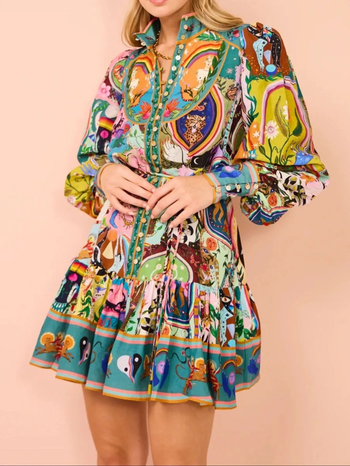 Printed Long Sleeve Mini Dress in Multicolor