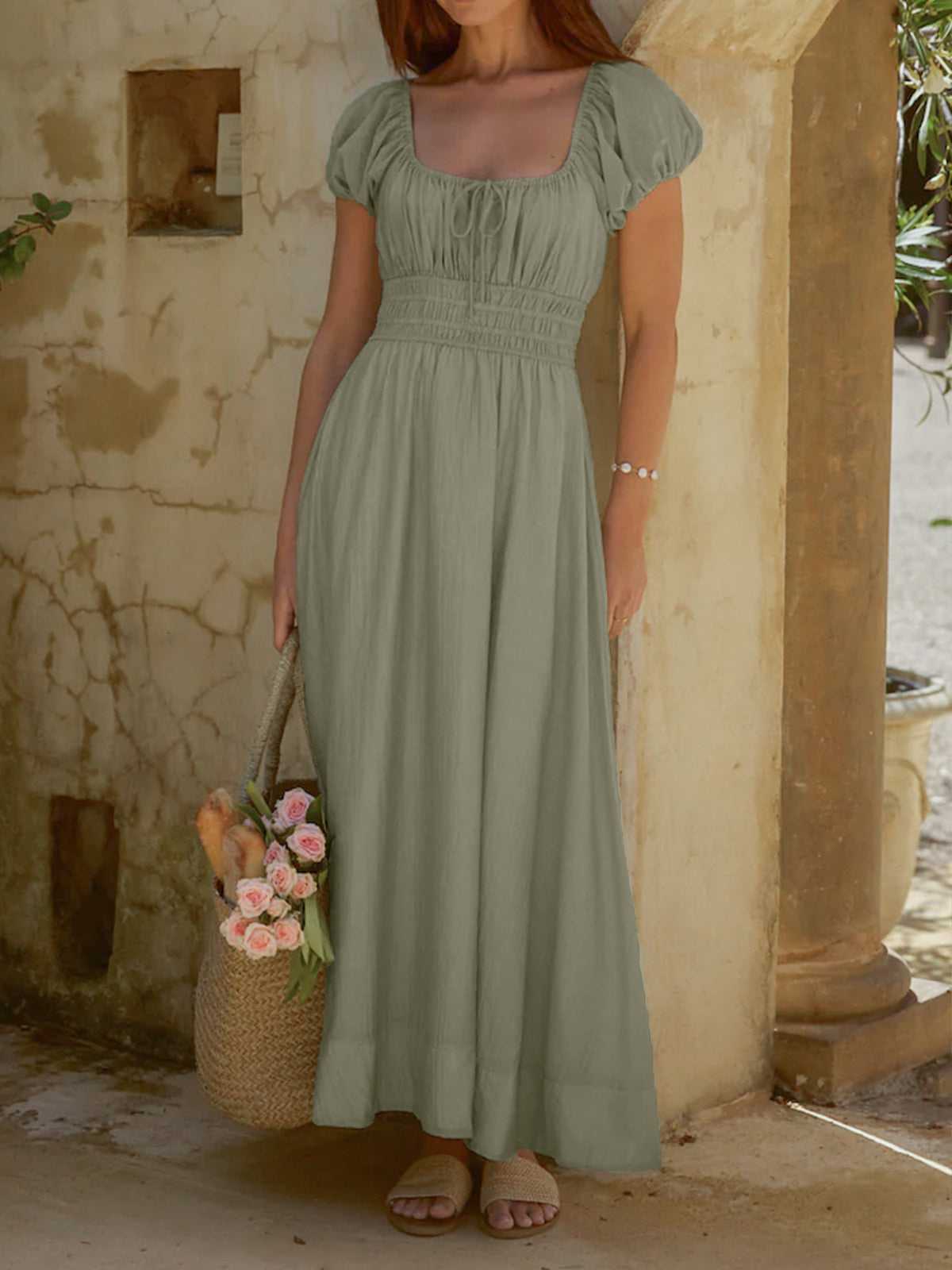 Smocked Waist Puff Sleeve Maxi Dress in Green