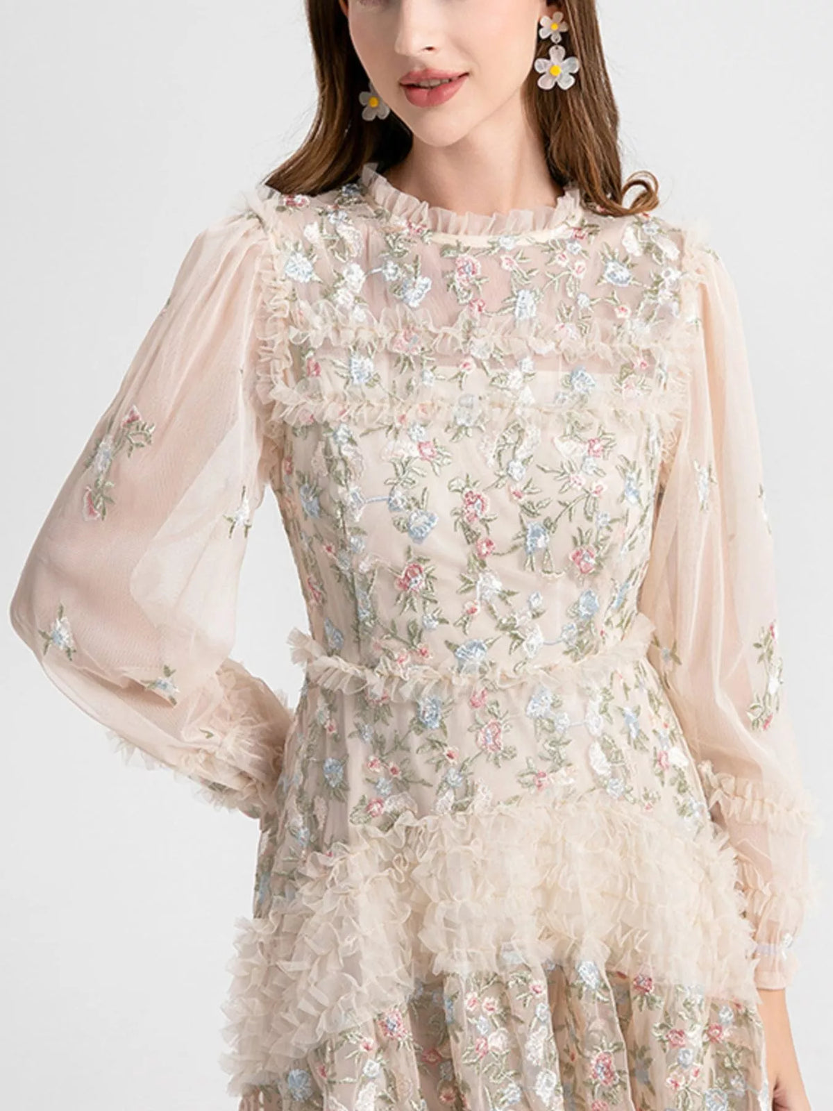 Floral Tulle Layered Maxi Dress in Apricot