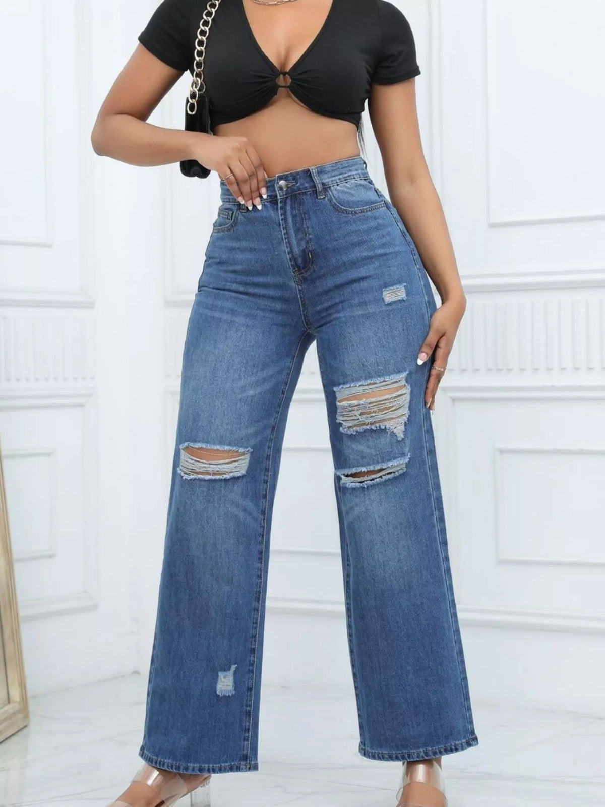 Distressed Wide Leg Jeans with Cat's Whisker Detail