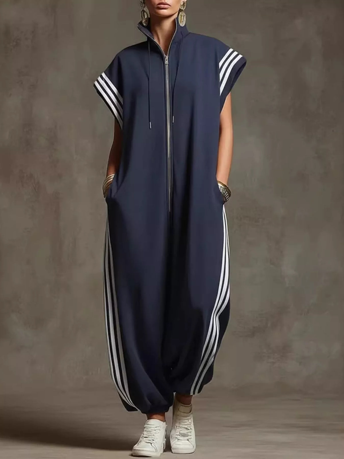 Side Stripe Zip-Front Wide-Leg Jumpsuit