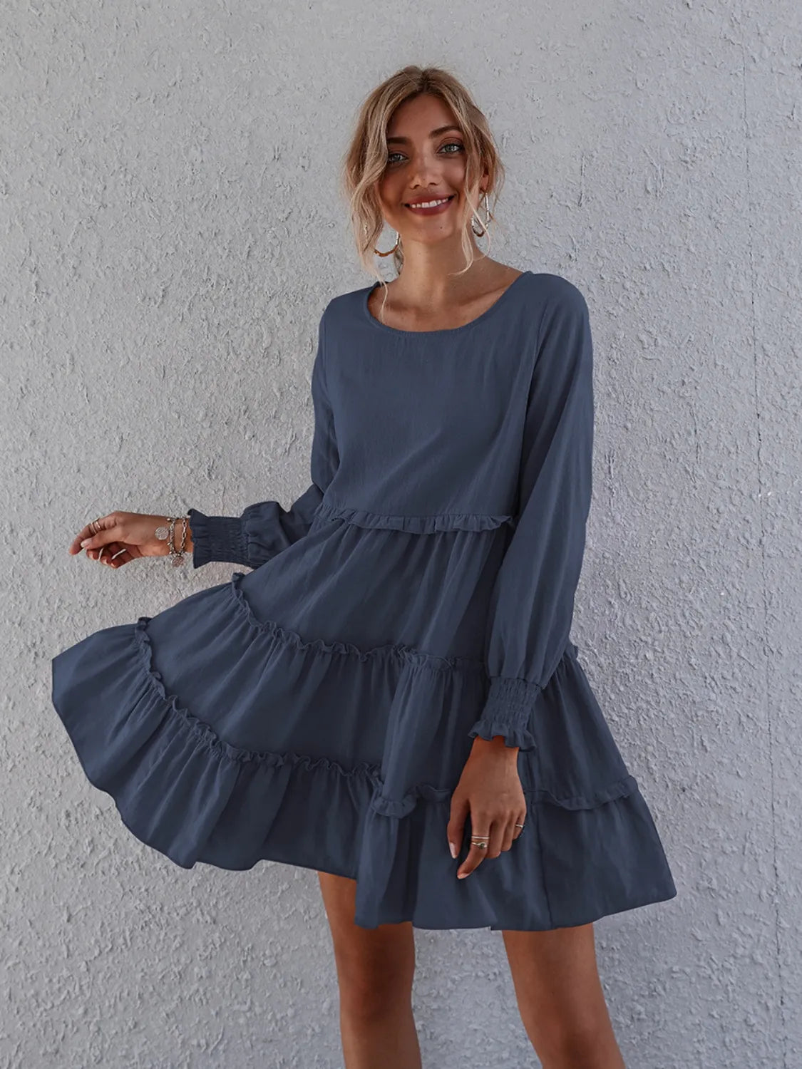 Frill Tiered Long-Sleeve Mini Dress