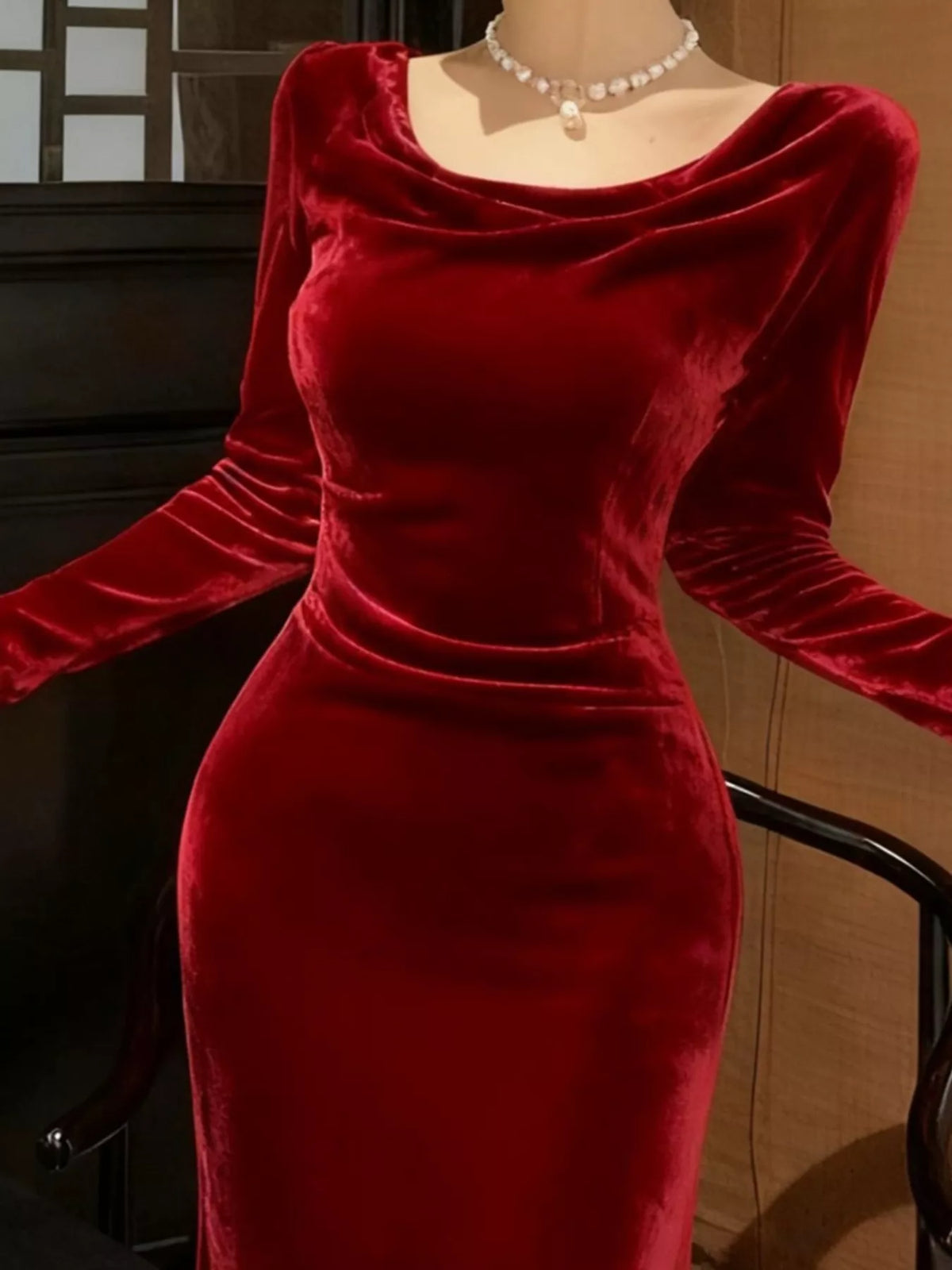 Velvet Cowl-Neck Midi Dress in Burgundy