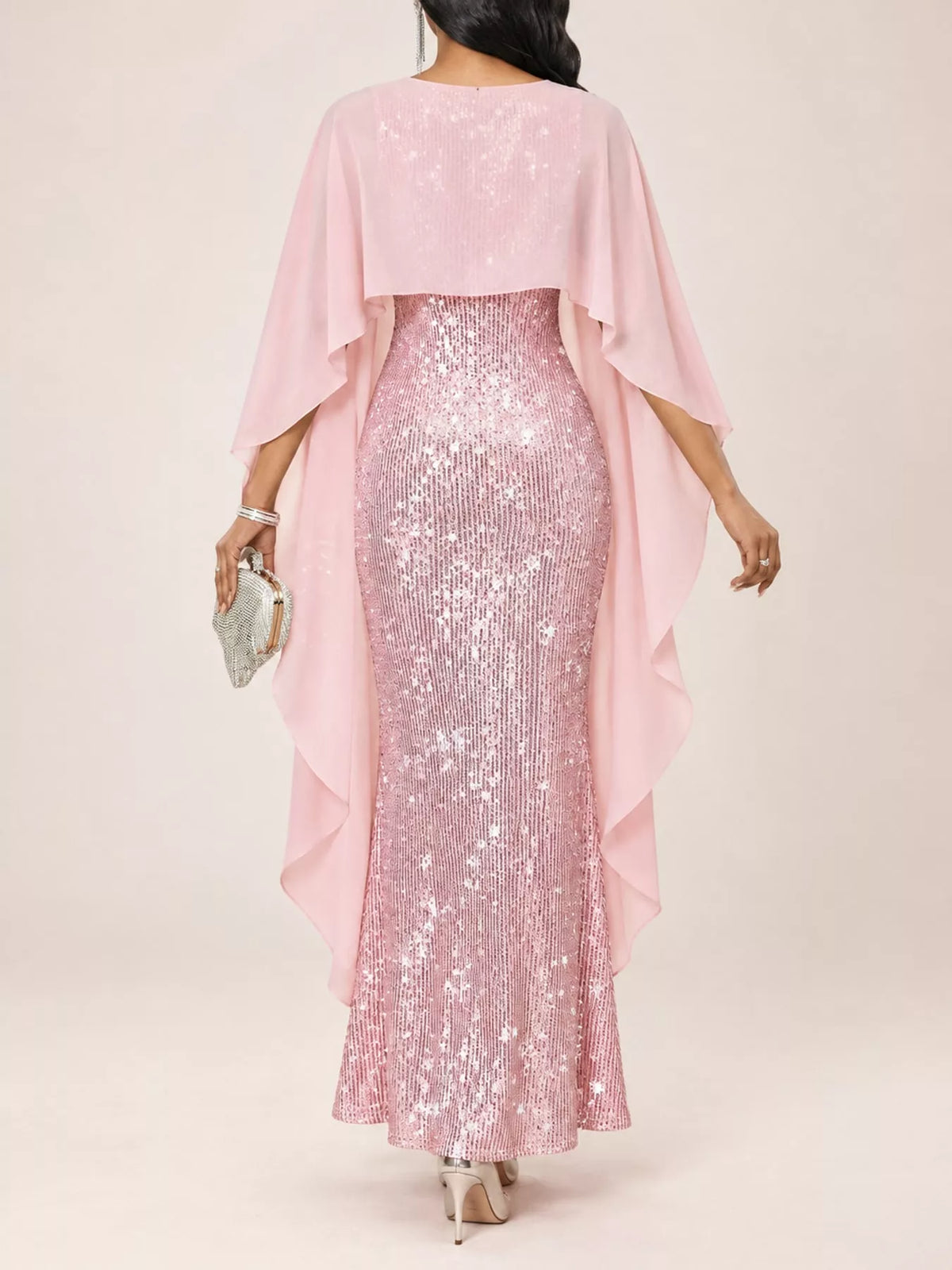 Sequin Cape-Overlay Evening Dress