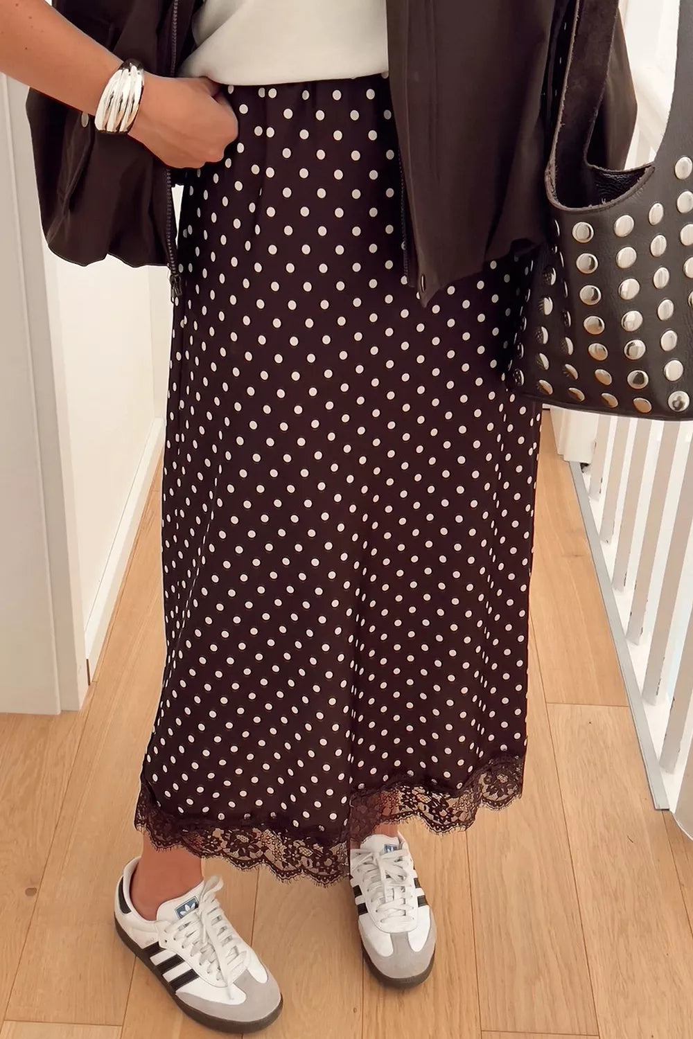 Polka Dot Lace-Hem Shift Skirt in Dark Brown