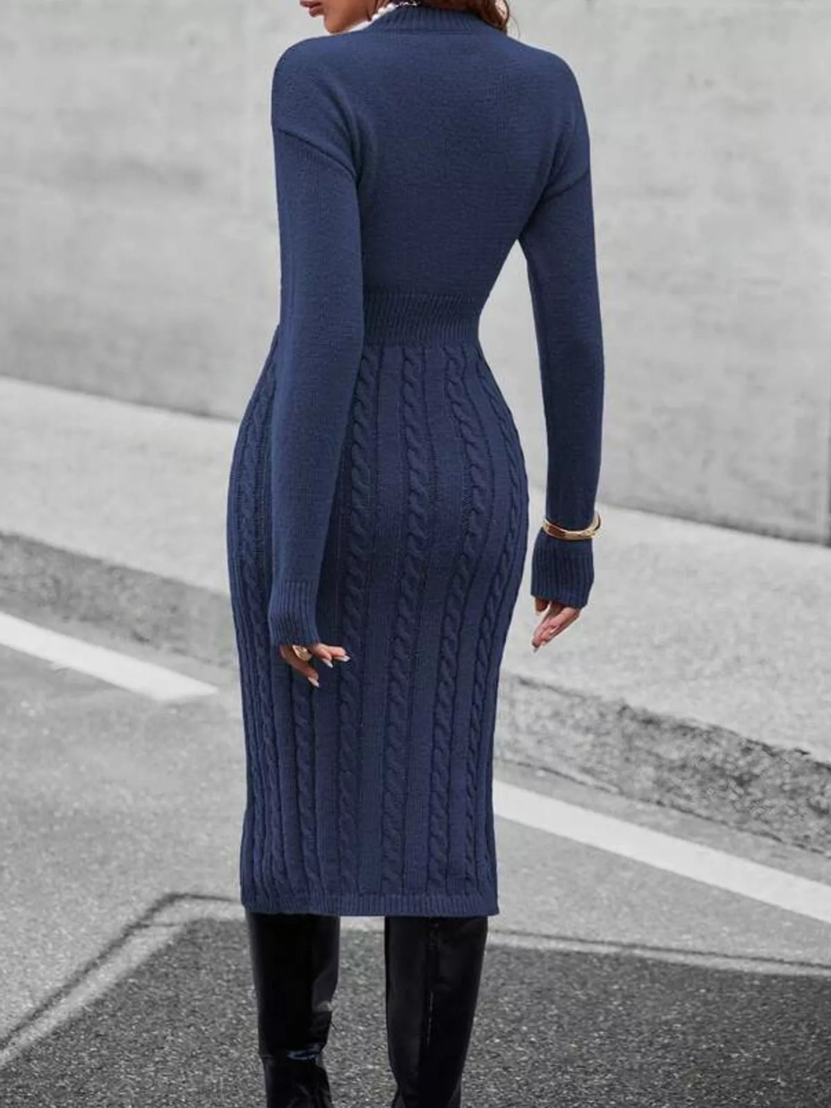 Mock Neck Cable Knit Sweater Dress with Front Slit