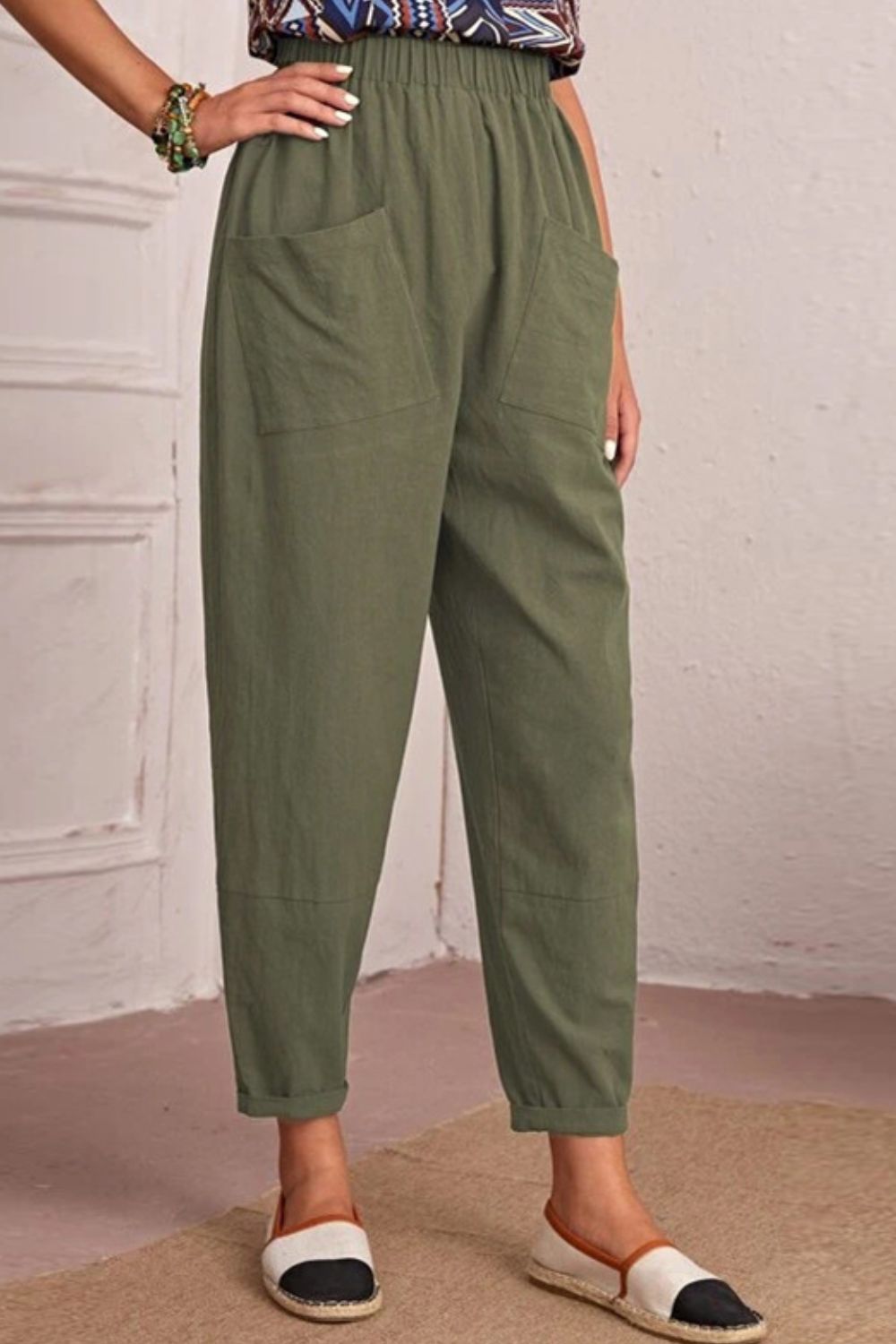 Elastic Waist Tapered Pants with Pockets