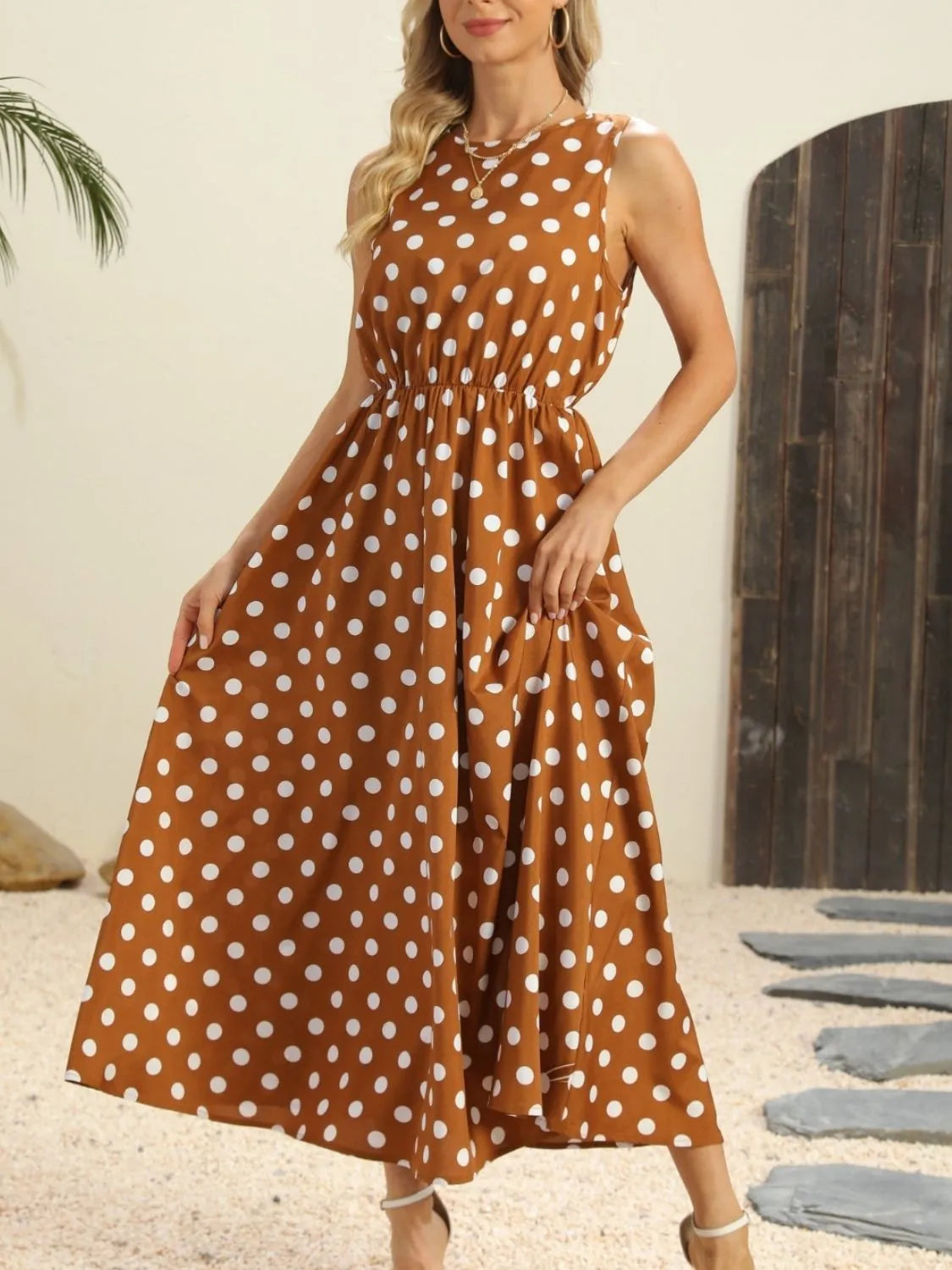 Polka Dot Round Neck Sleeveless Midi Dress