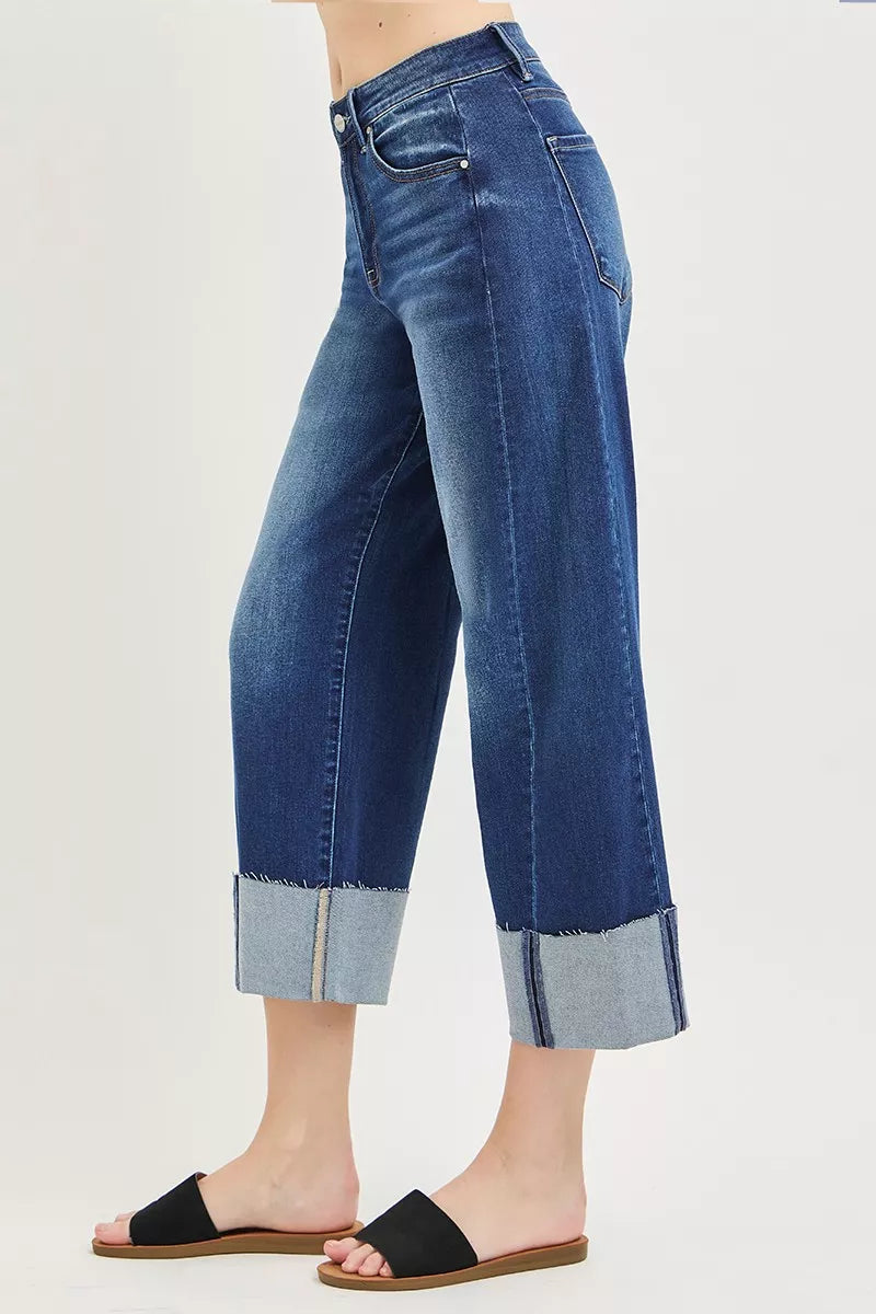 Risen Full Size Slouchy Barrel Cuffed Jeans in Dark