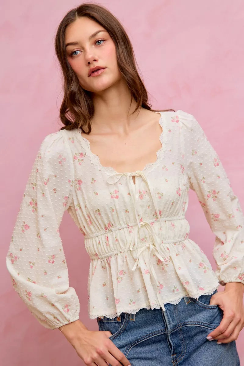 So Me Floral Clip Dot Lace Trim Blouse in White