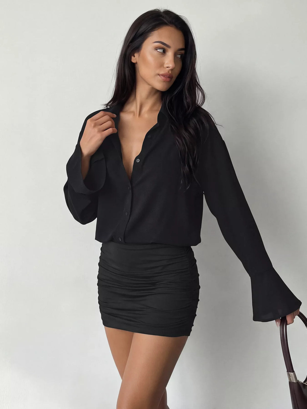 Button-Front Flounce-Sleeve Shirt Dress in Black