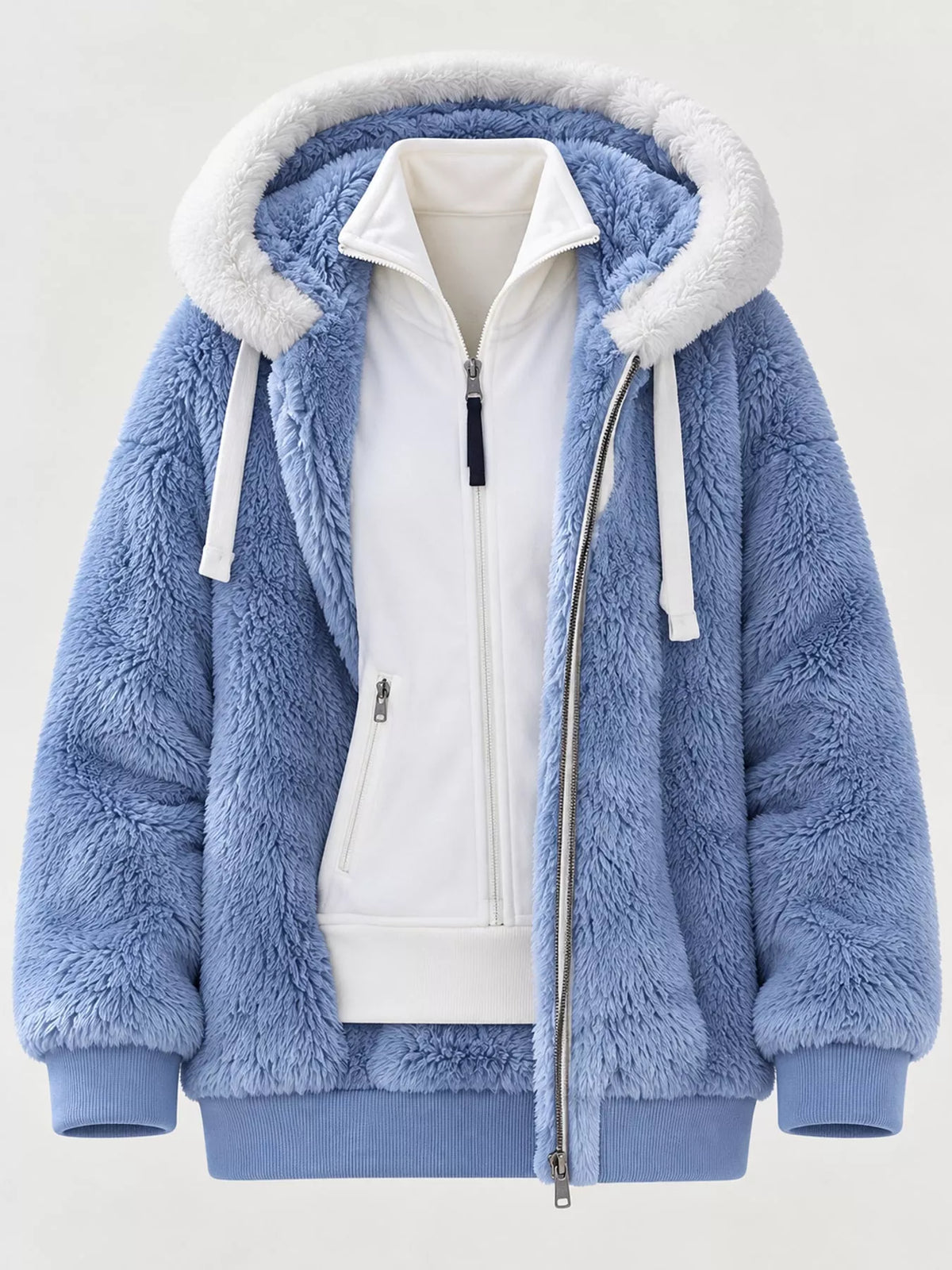 Faux Fur Hooded Zip-Up Jacket in White