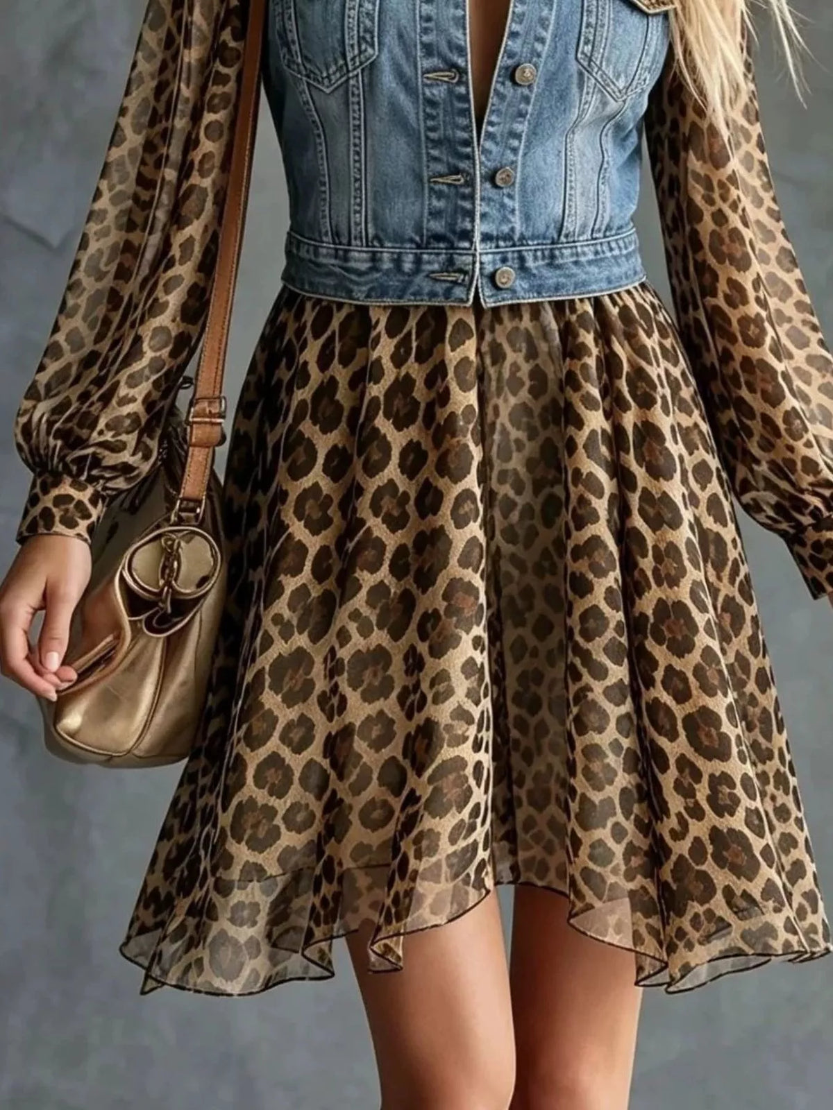 Leopard Patchwork Denim Mini Dress in Dusty Blue