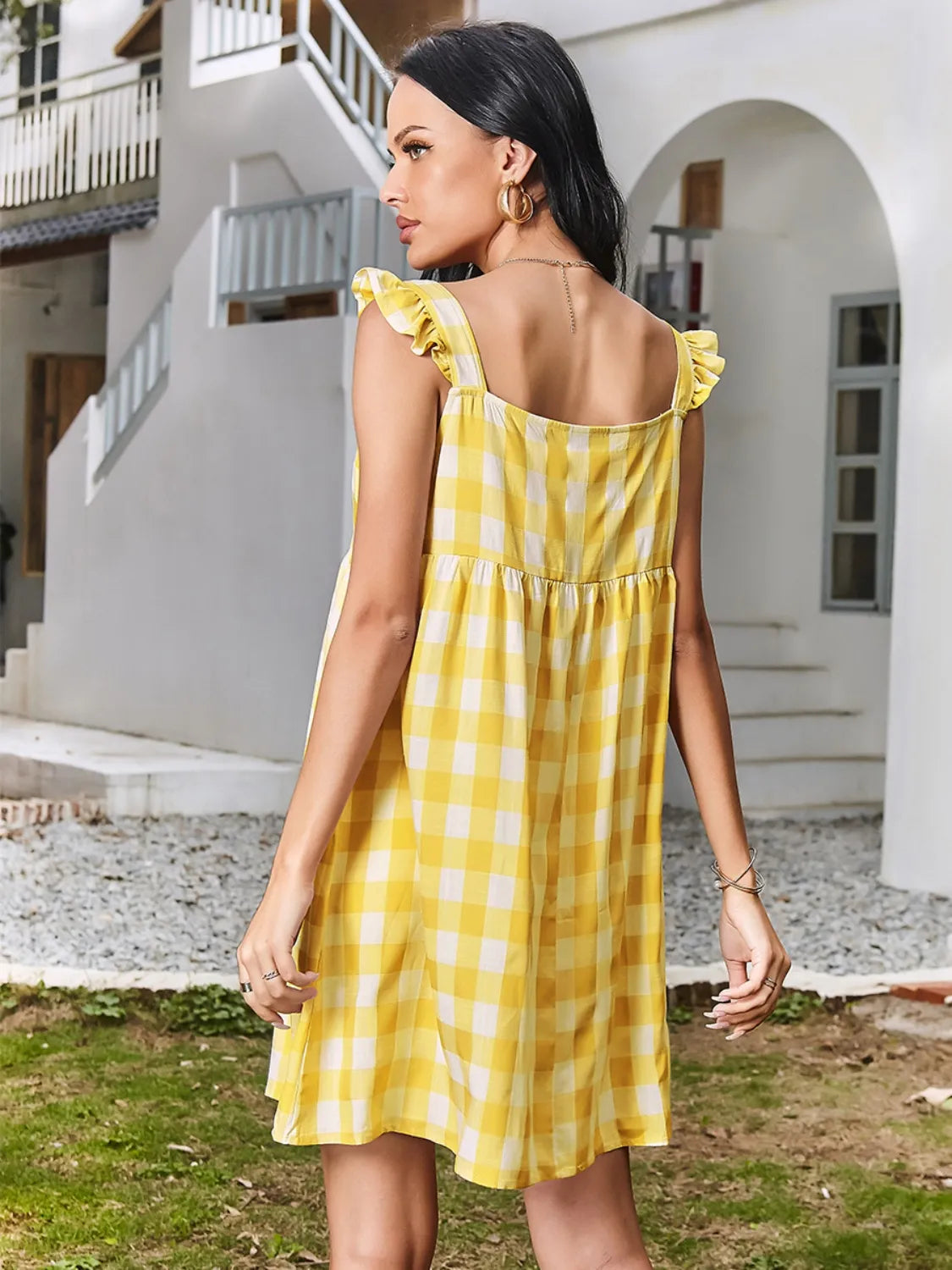 Plaid Square Neck Mini Dress in Yellow