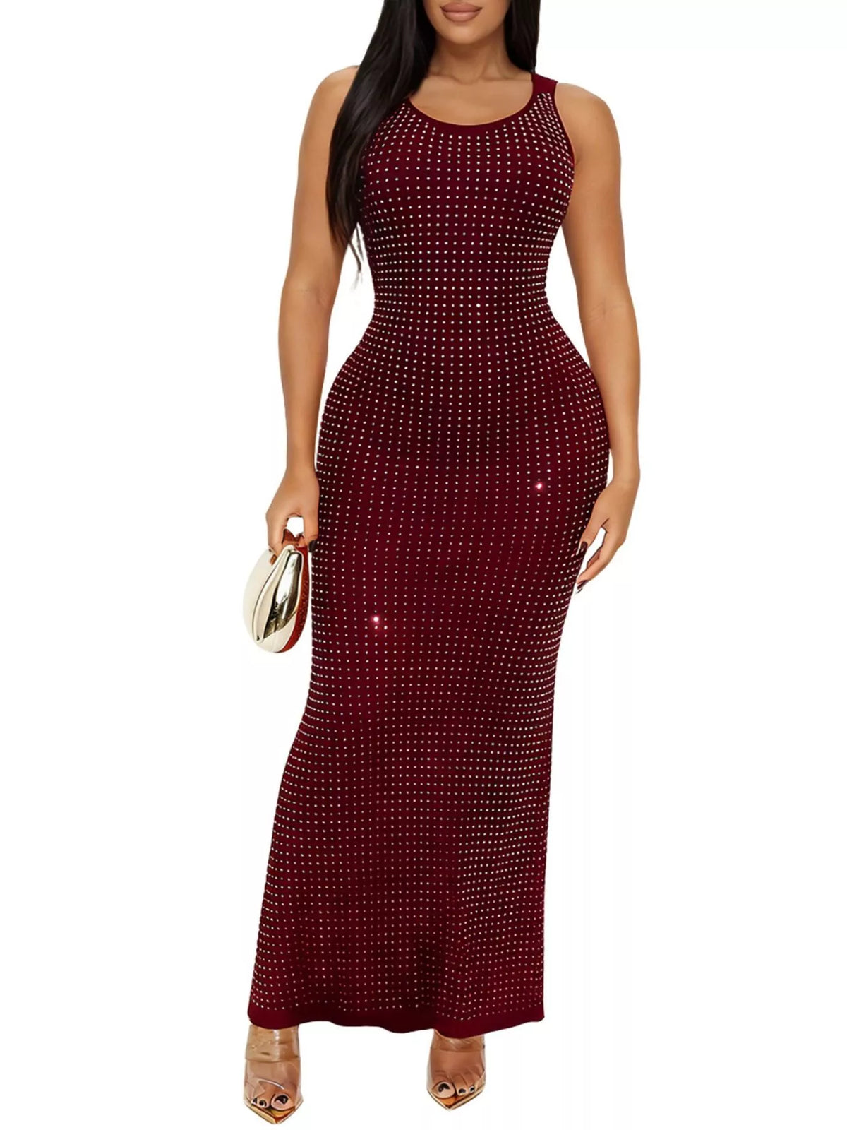 Sleeveless Rhinestone Bodycon Maxi Dress