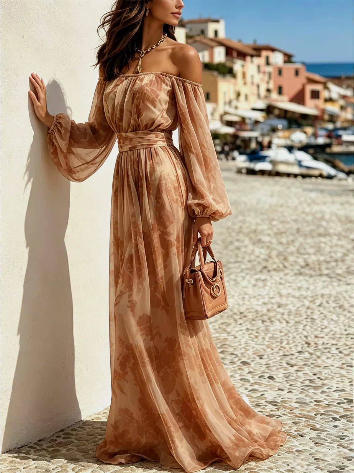 Off-Shoulder Balloon Sleeve Maxi Dress