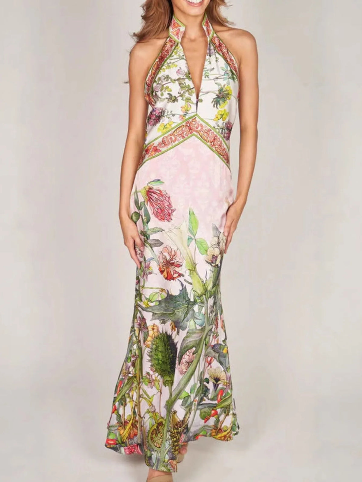 Printed Halter Neck Backless Maxi Dress in Color