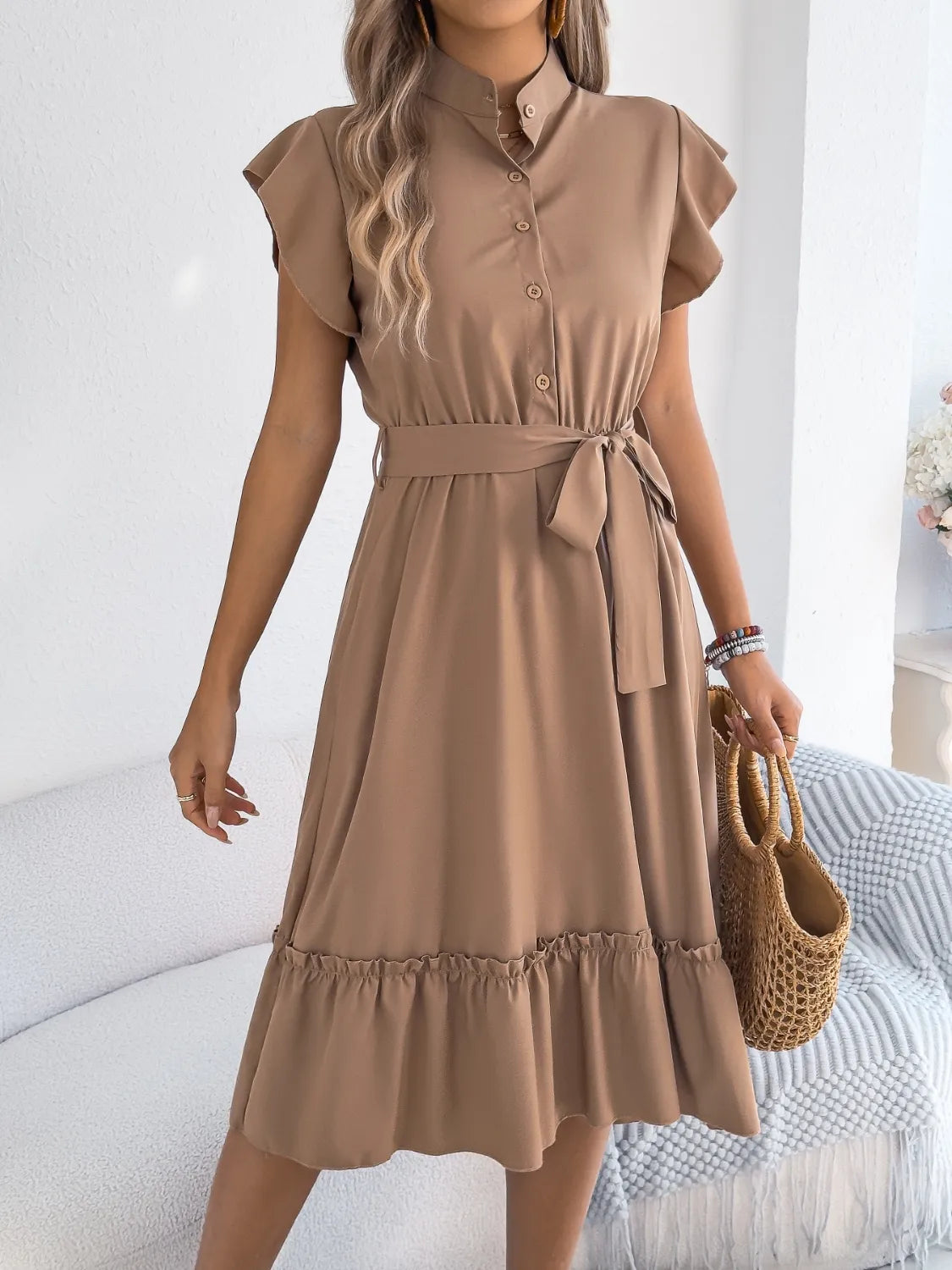 Tie-Waist Ruffled Cap Sleeve Dress