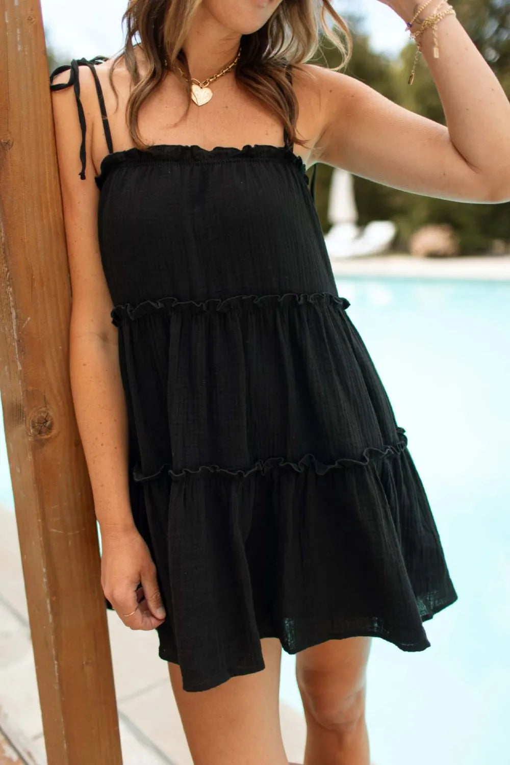 Ruched Frill Square-Neck Cami Dress