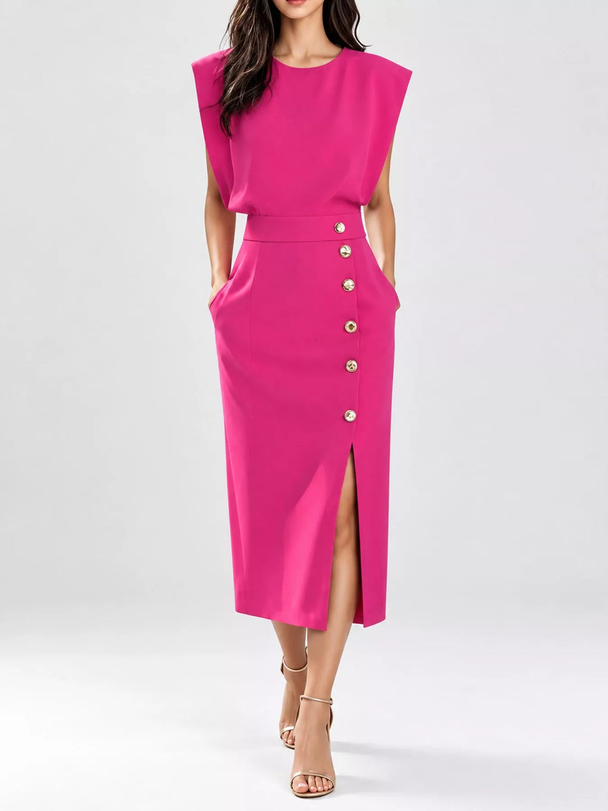 Sleeveless Midi Dress with Gold Button Detail
