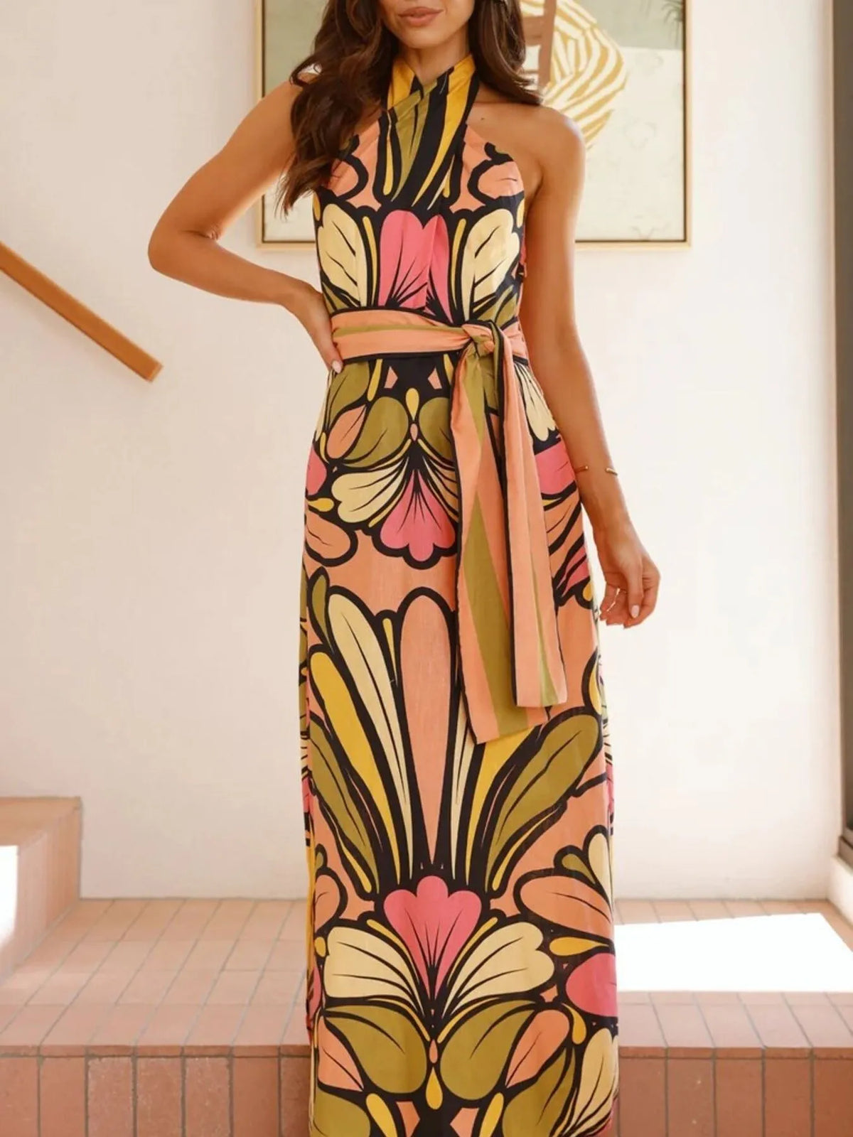 Printed Halter Maxi Dress in Multicolor