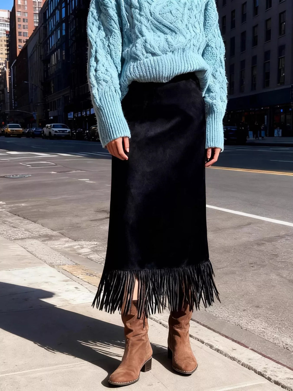 High-Waisted Suede Fringe Midi Skirt