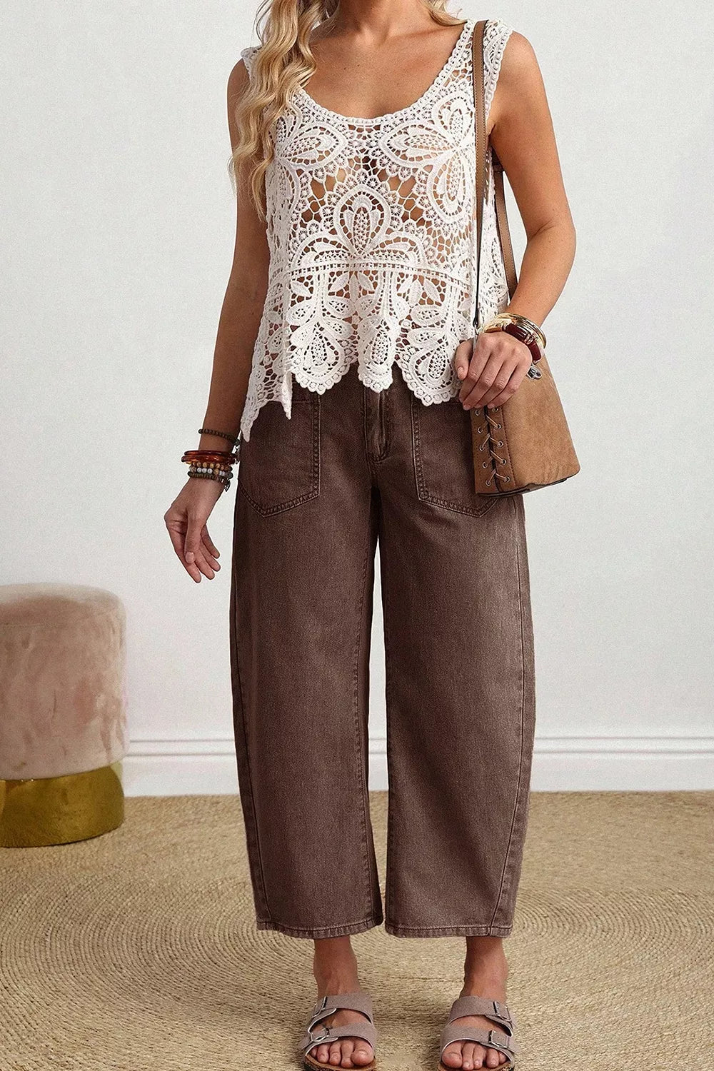 Square Patch Pocket Barrel Jeans in Coffee Brown