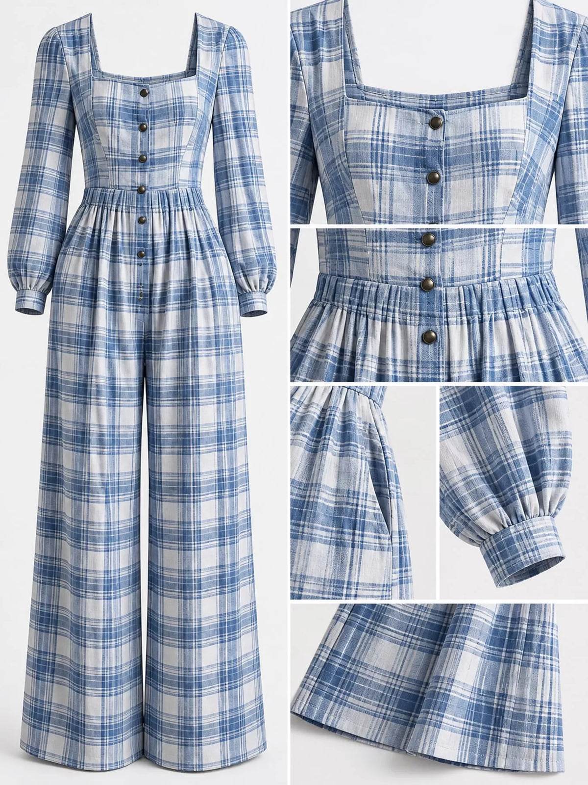 Plaid Square-Neck Wide-Leg Jumpsuit
