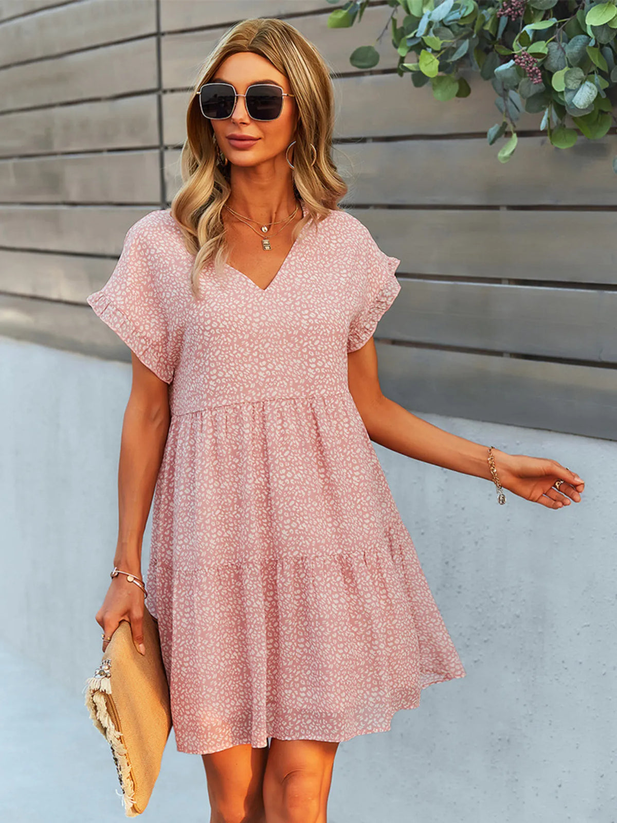 Floral V-Neck Tiered Ruffle Mini Dress by Elaine