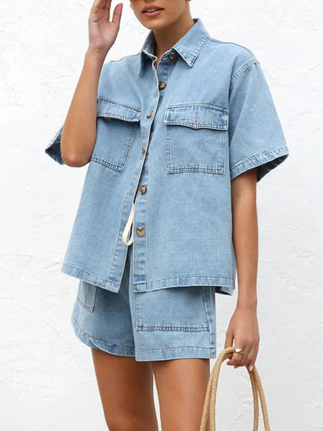 Button-Up Short Sleeve Denim Top and Shorts Set