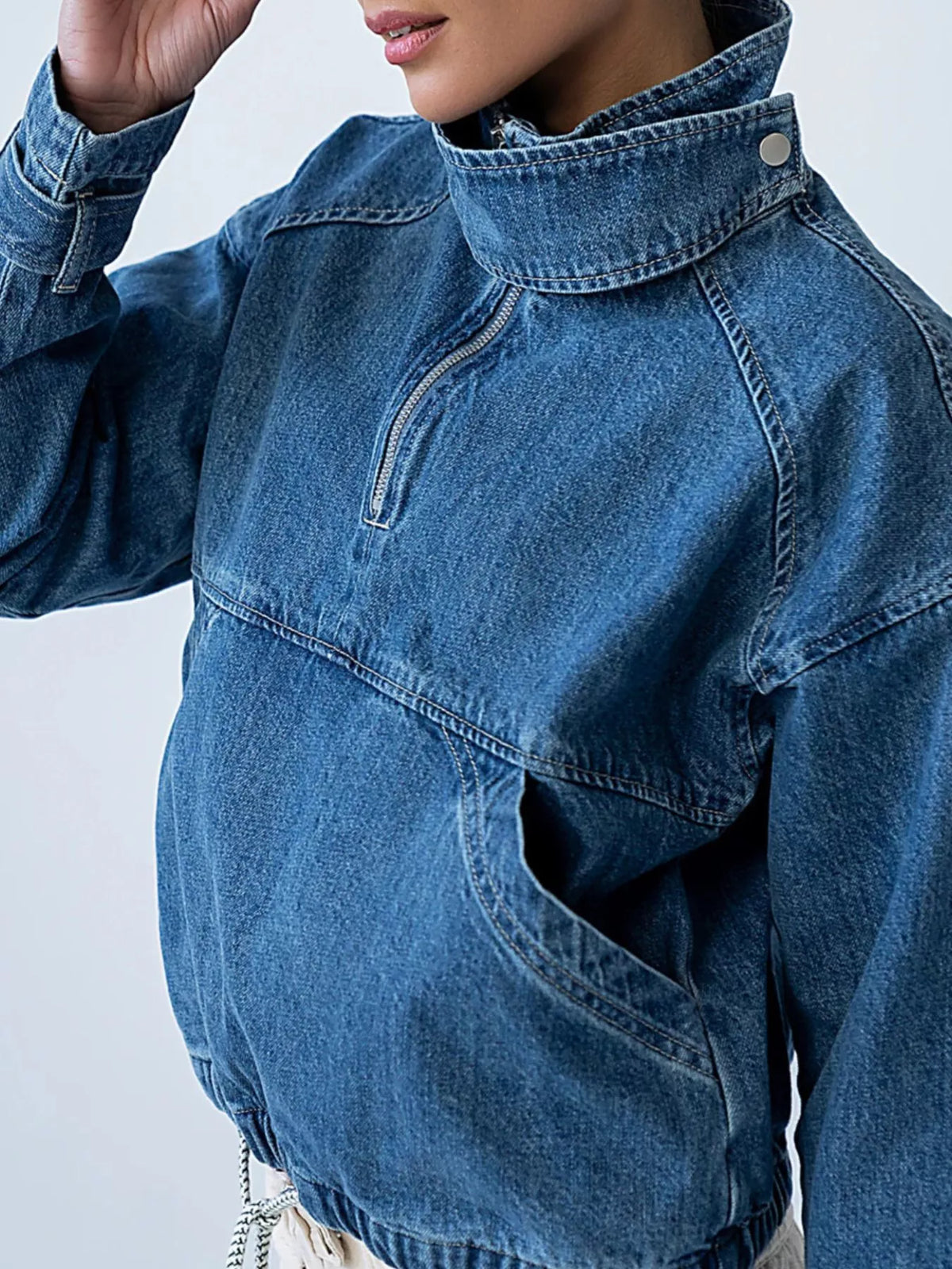 Half-Zip Turtleneck Denim Top in Blue