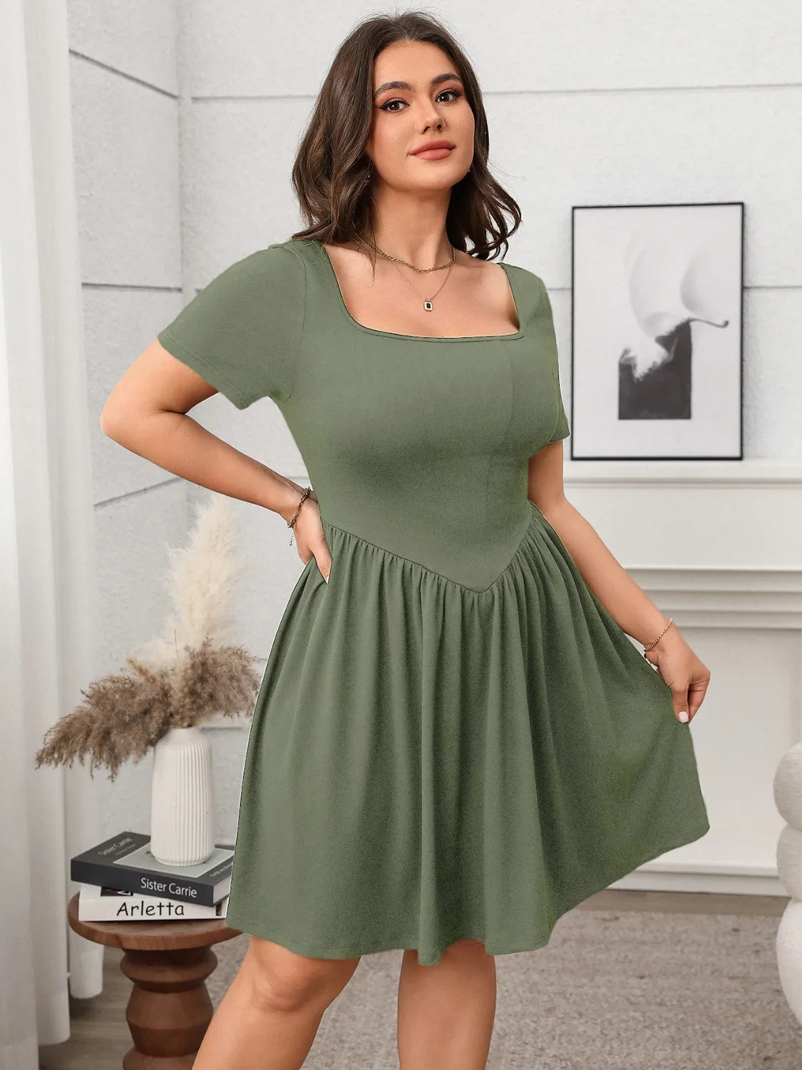 Plus-Size Square Neck Short Sleeve Mini Dress in Matcha Green