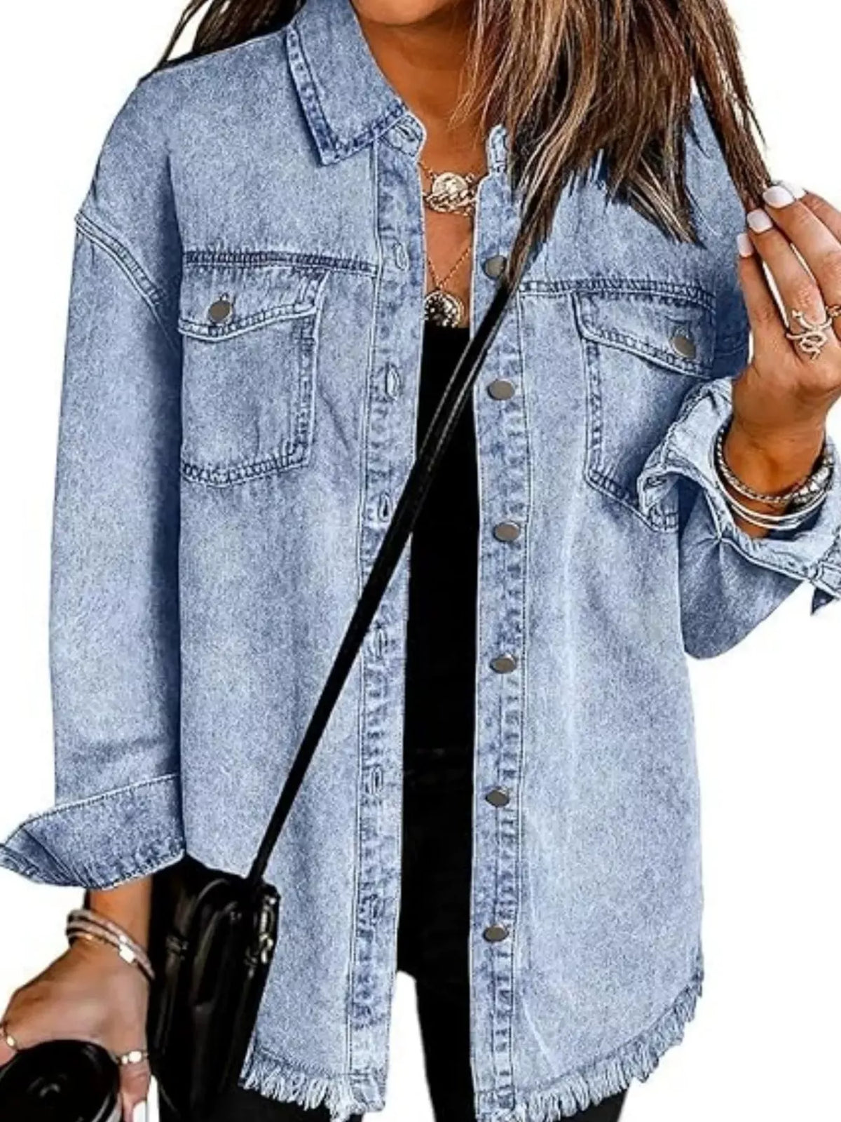 Frayed-Hem Button-Up Denim Jacket
