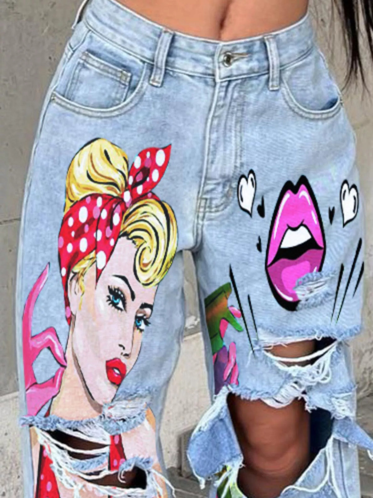 Art Print Distressed Wide Leg Jeans