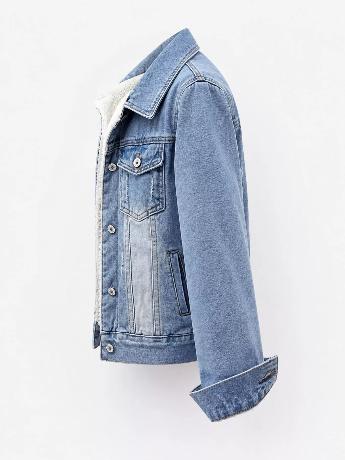 Sherpa-Lined Distressed Denim Jacket