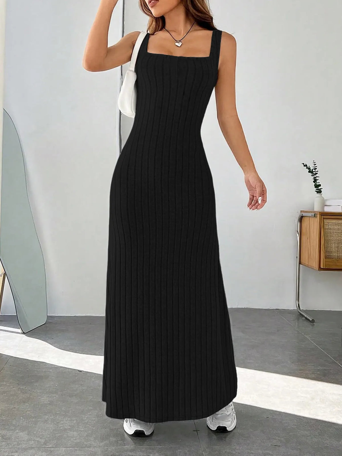 Ribbed Knit Square Neck Maxi Dress